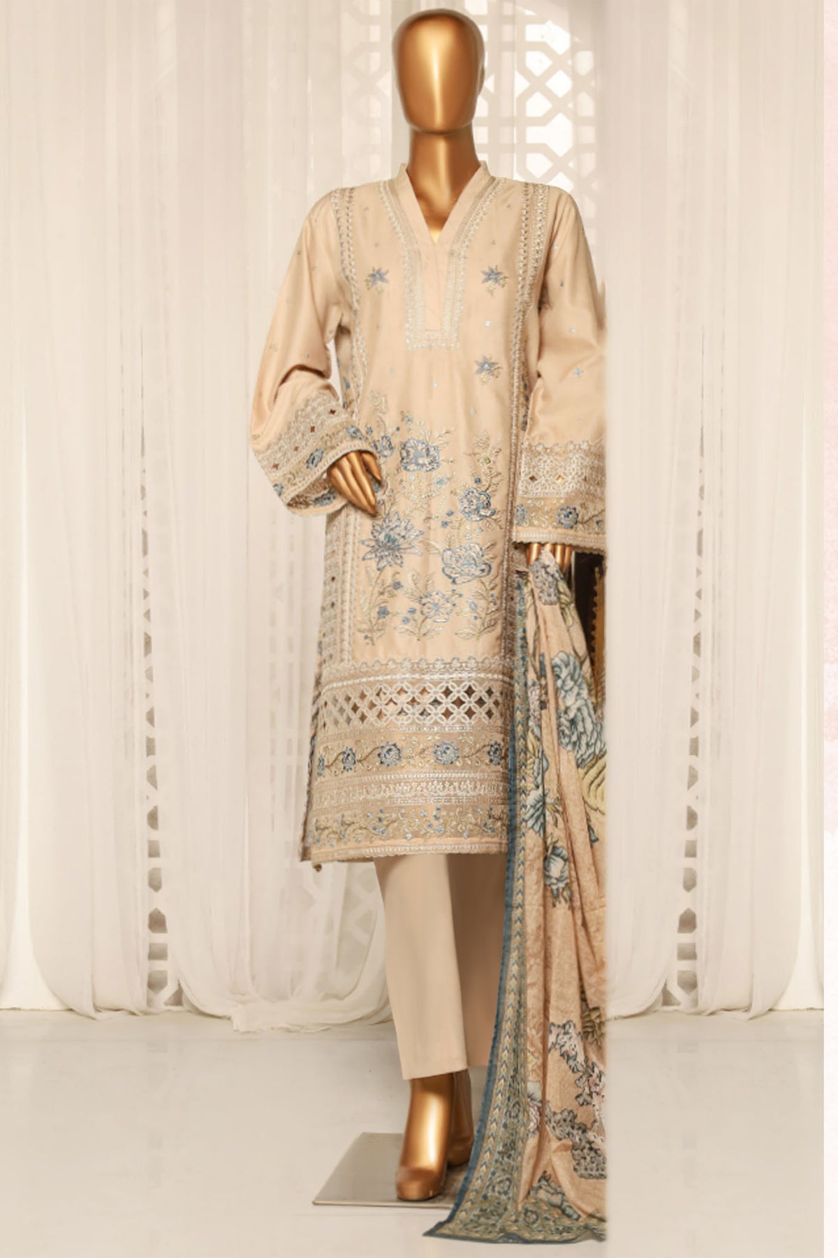 Bin Saeed Stitched 3 Piece Luxury Plain Cotton With Printed Back Collection'2025-NSM-2180-Skin