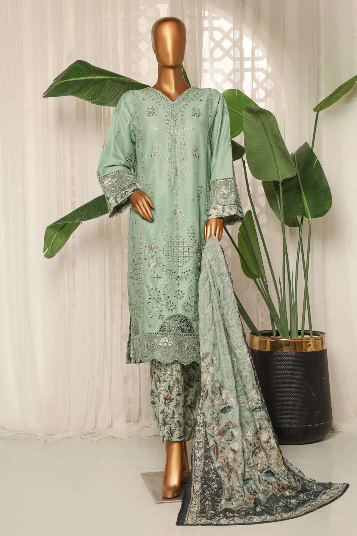 Bin Saeed Stitched 3 Piece Luxury Plain Cotton With Printed Back Collection'2025-NSM-2181-Mint
