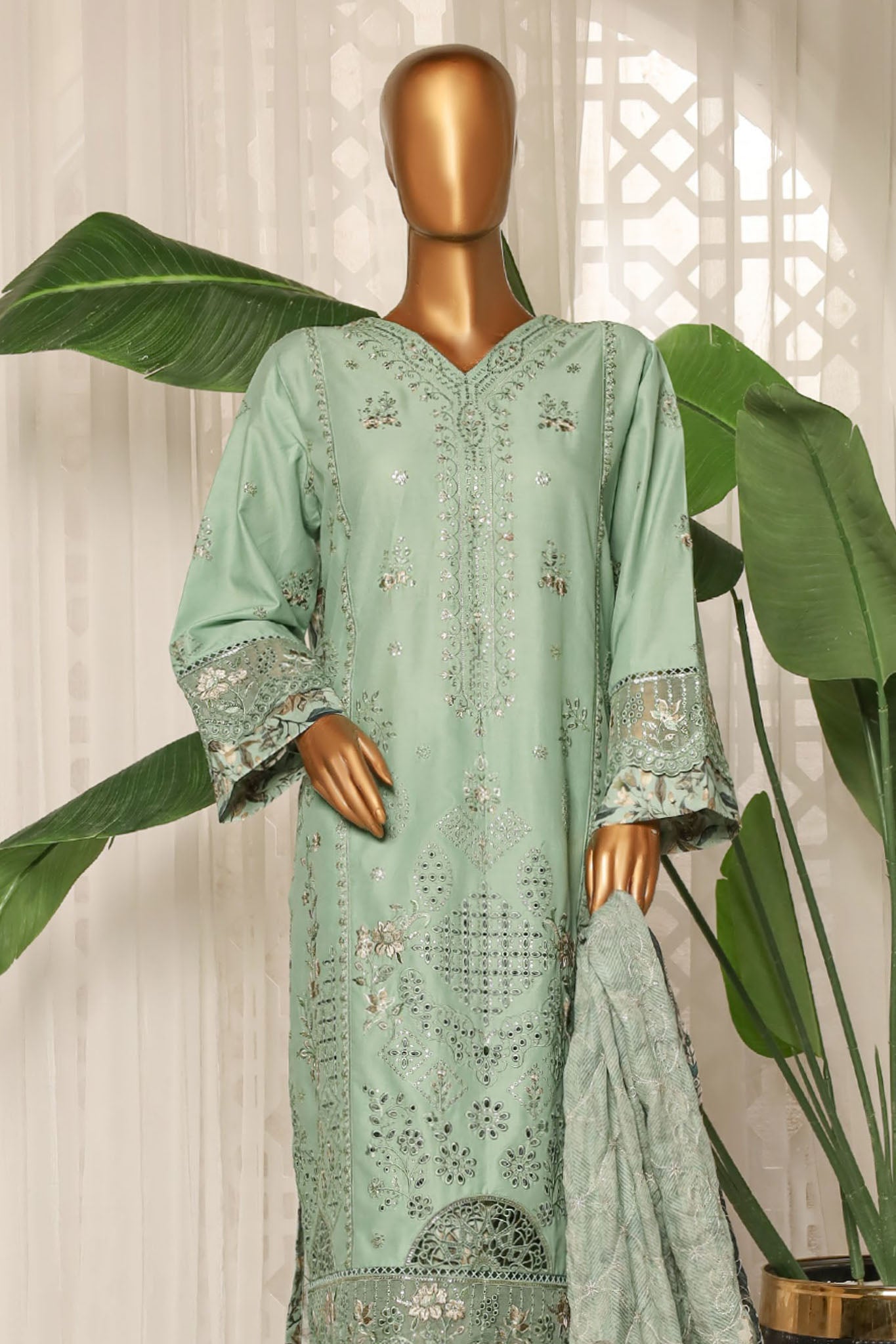 Bin Saeed Stitched 3 Piece Luxury Plain Cotton With Printed Back Collection'2025-NSM-2181-Mint