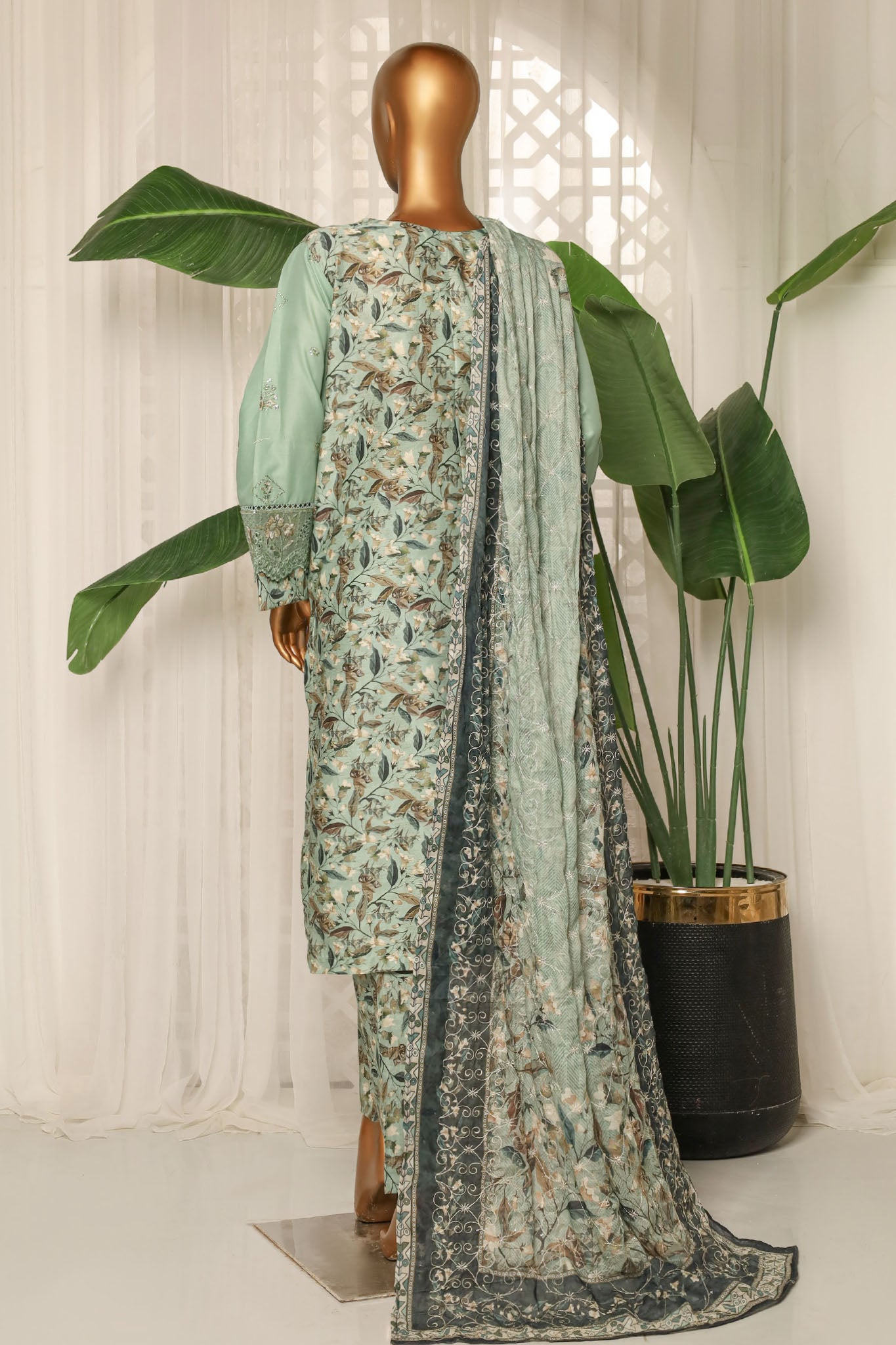 Bin Saeed Stitched 3 Piece Luxury Plain Cotton With Printed Back Collection'2025-NSM-2181-Mint