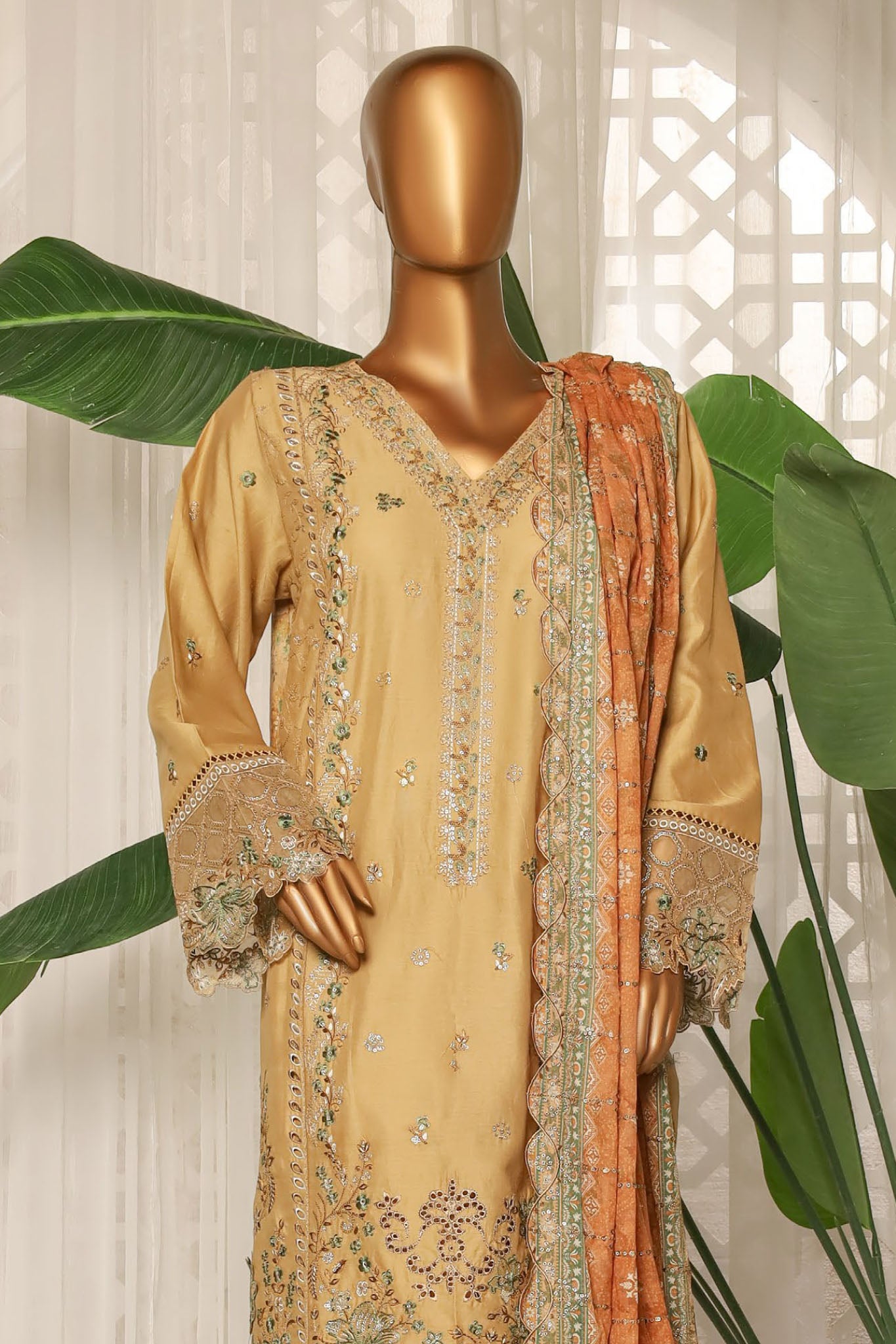 Bin Saeed Stitched 3 Piece Luxury Plain Cotton With Printed Back Collection'2025-NSM-2184-Cream