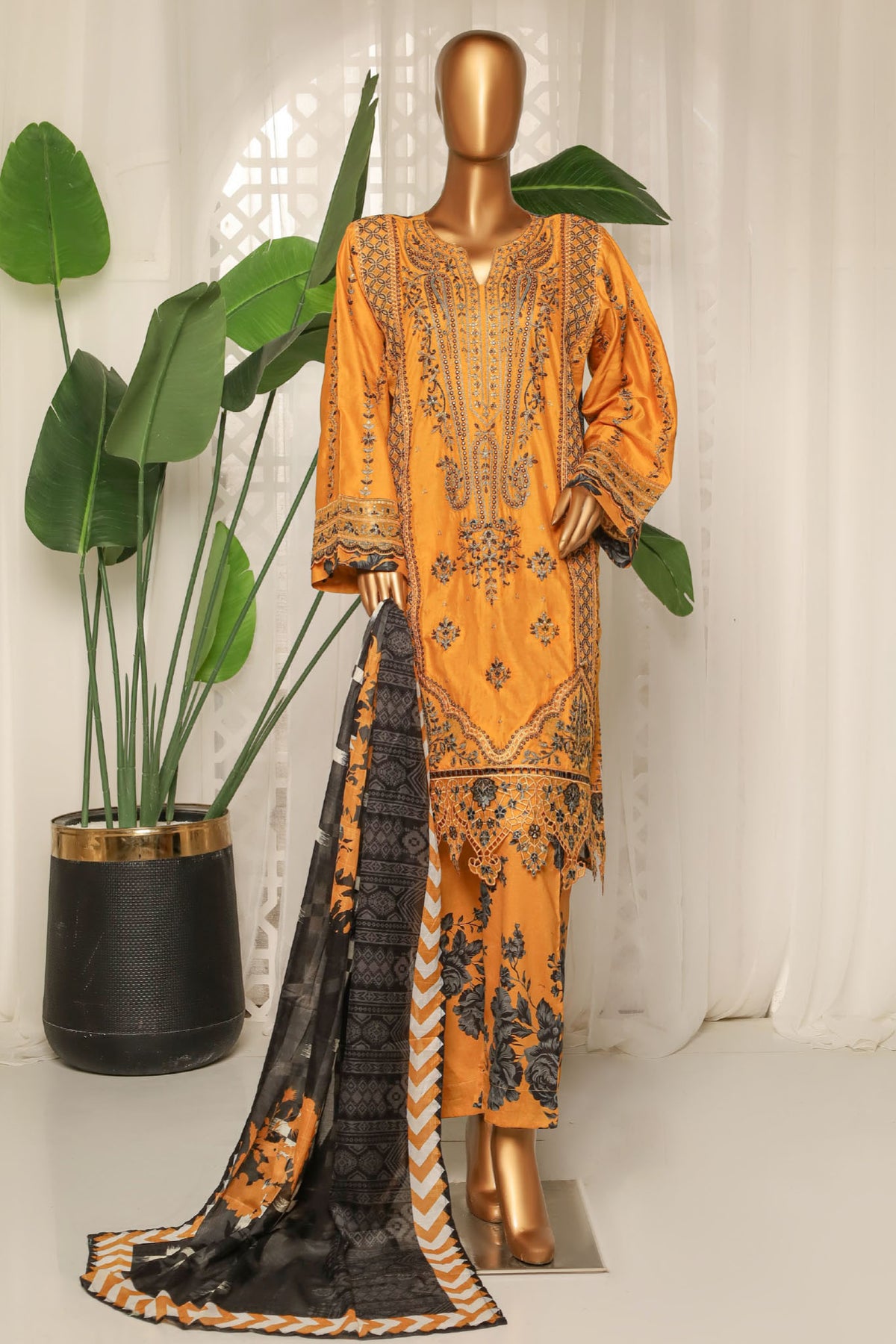 Bin Saeed Stitched 3 Piece Luxury Plain Cotton With Printed Back Collection'2025-NSM-2186-Mustard