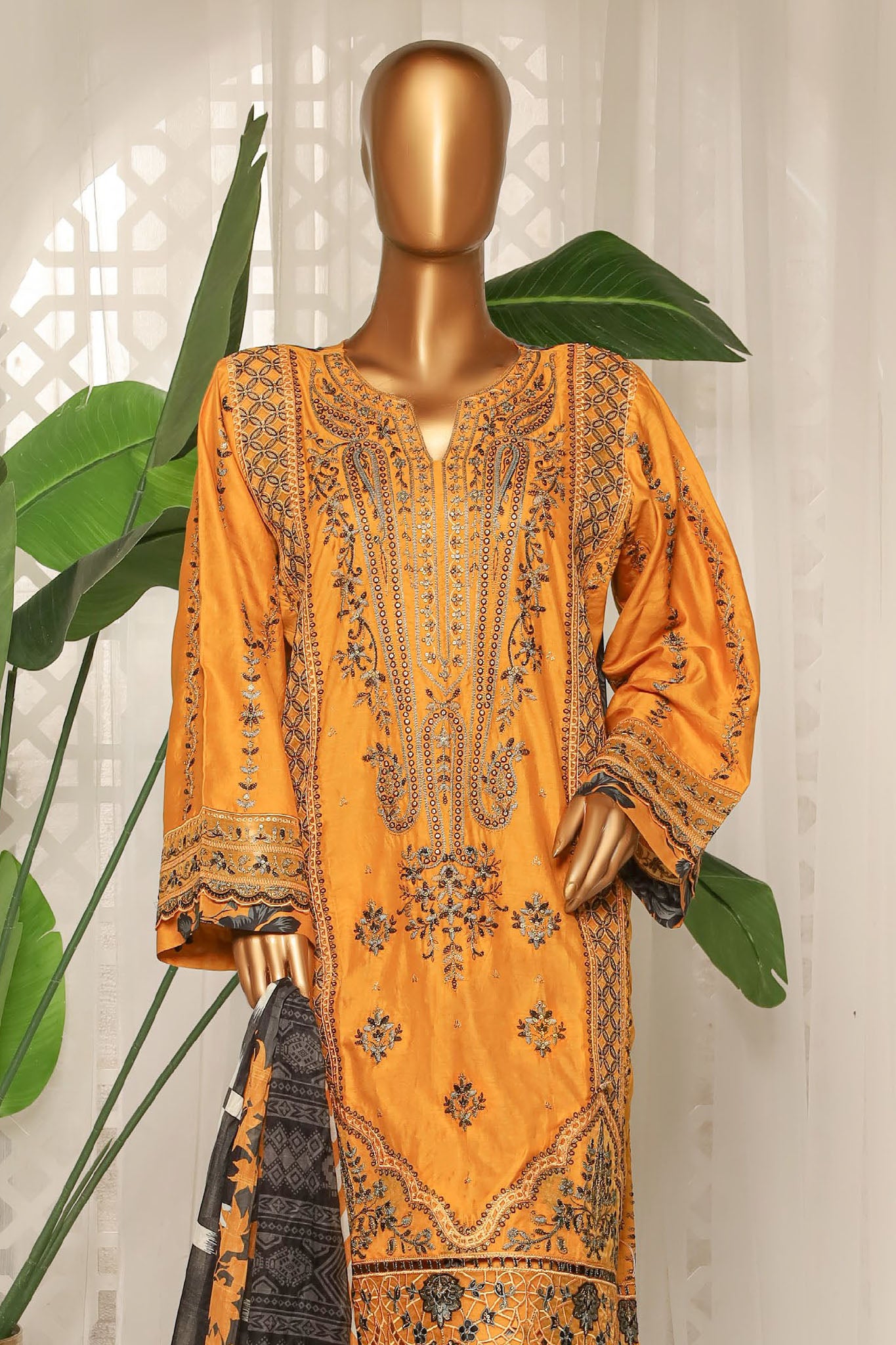 Bin Saeed Stitched 3 Piece Luxury Plain Cotton With Printed Back Collection'2025-NSM-2186-Mustard