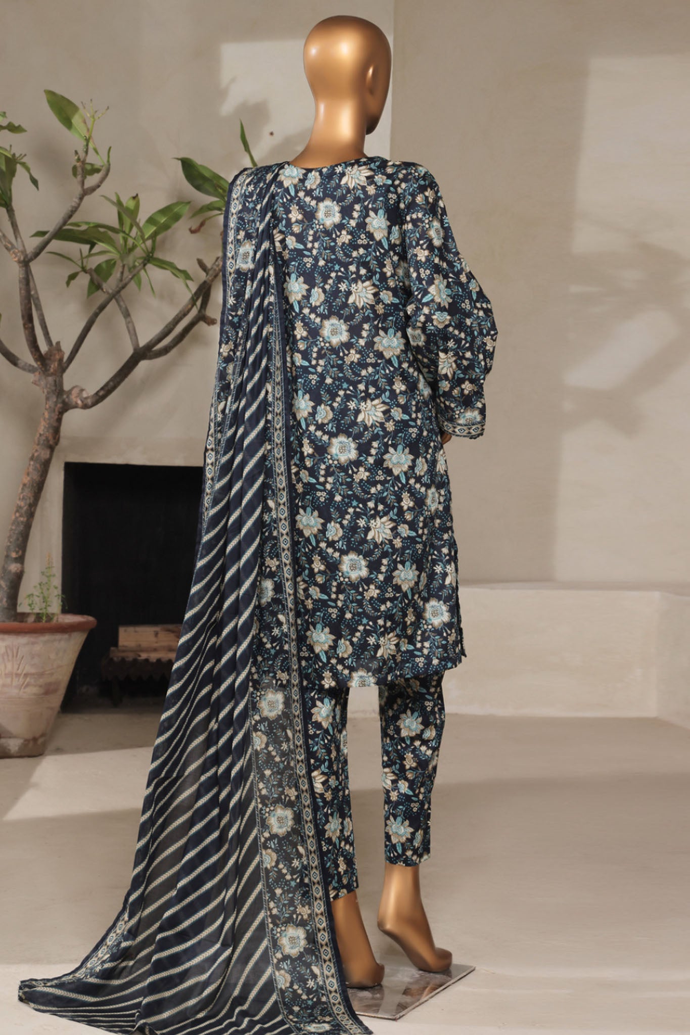 Bin Saeed Stitched 3 Piece Exclusive Printed Lawn Vol-07 Collection'2025-NSM-2197-Navy Blue
