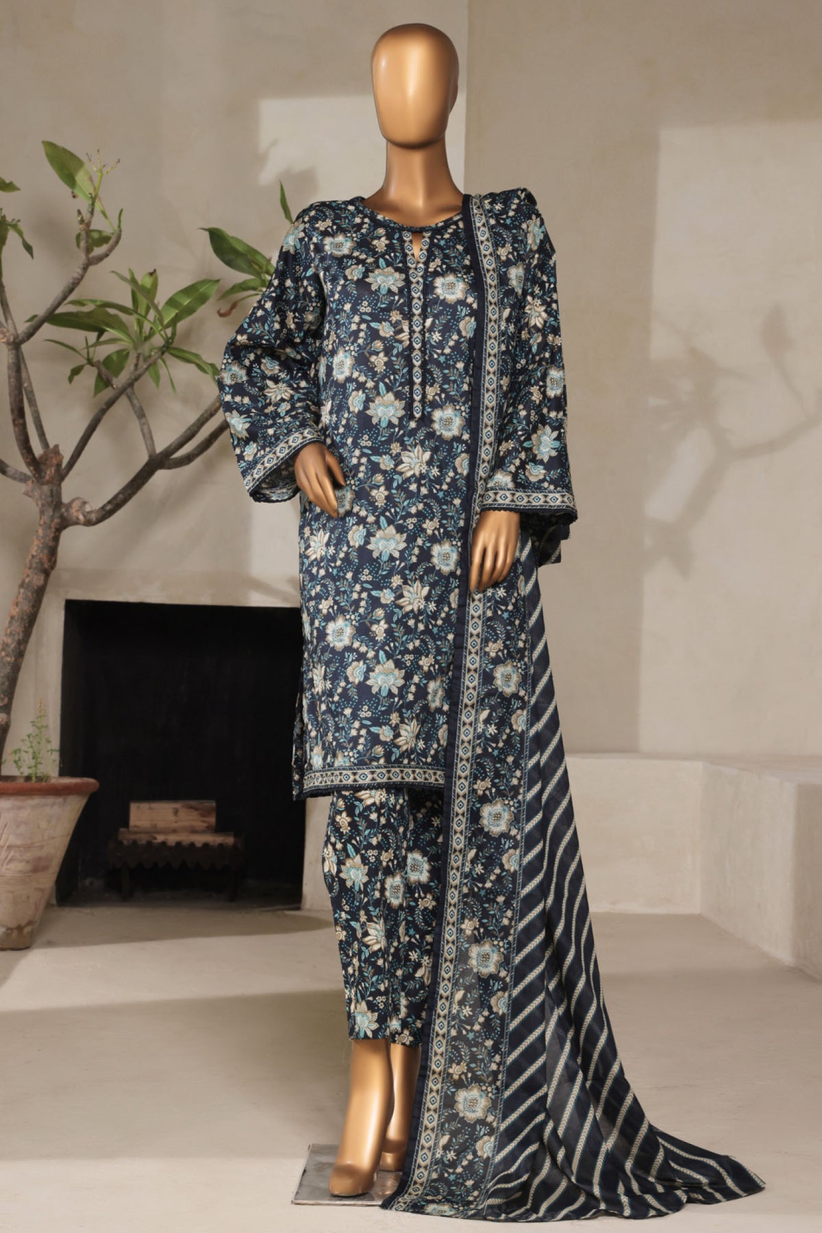 Bin Saeed Stitched 3 Piece Exclusive Printed Lawn Vol-07 Collection'2025-NSM-2197-Navy Blue