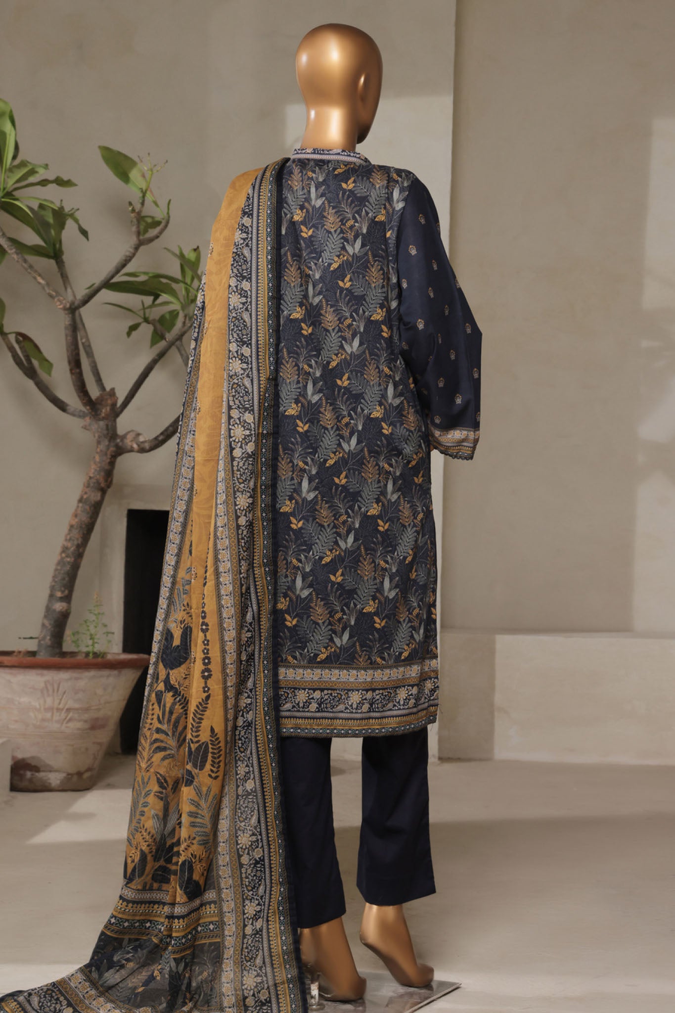 Bin Saeed Stitched 3 Piece Exclusive Printed Lawn Vol-07 Collection'2025-NSM-2199-Navy Blue