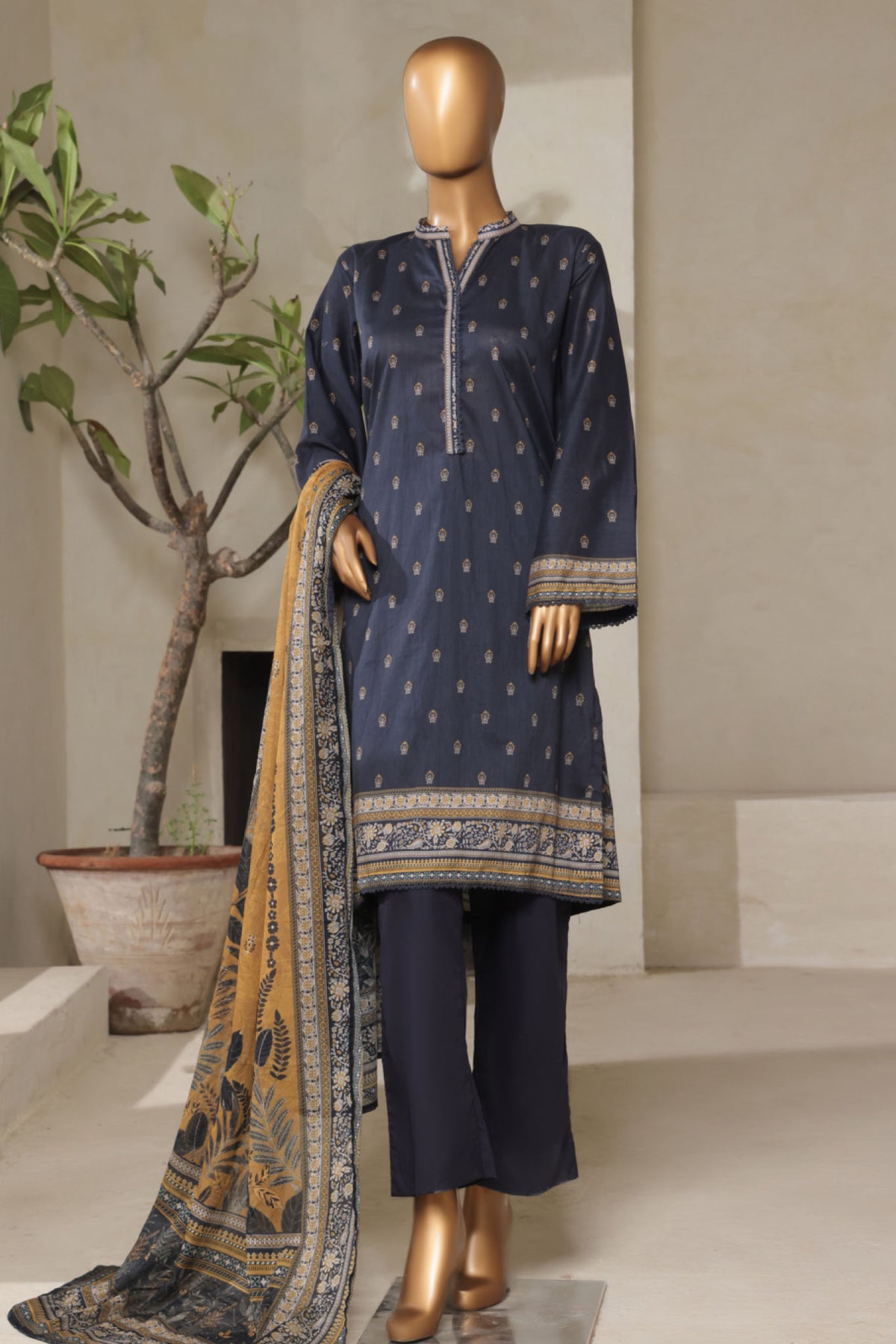 Bin Saeed Stitched 3 Piece Exclusive Printed Lawn Vol-07 Collection'2025-NSM-2199-Navy Blue