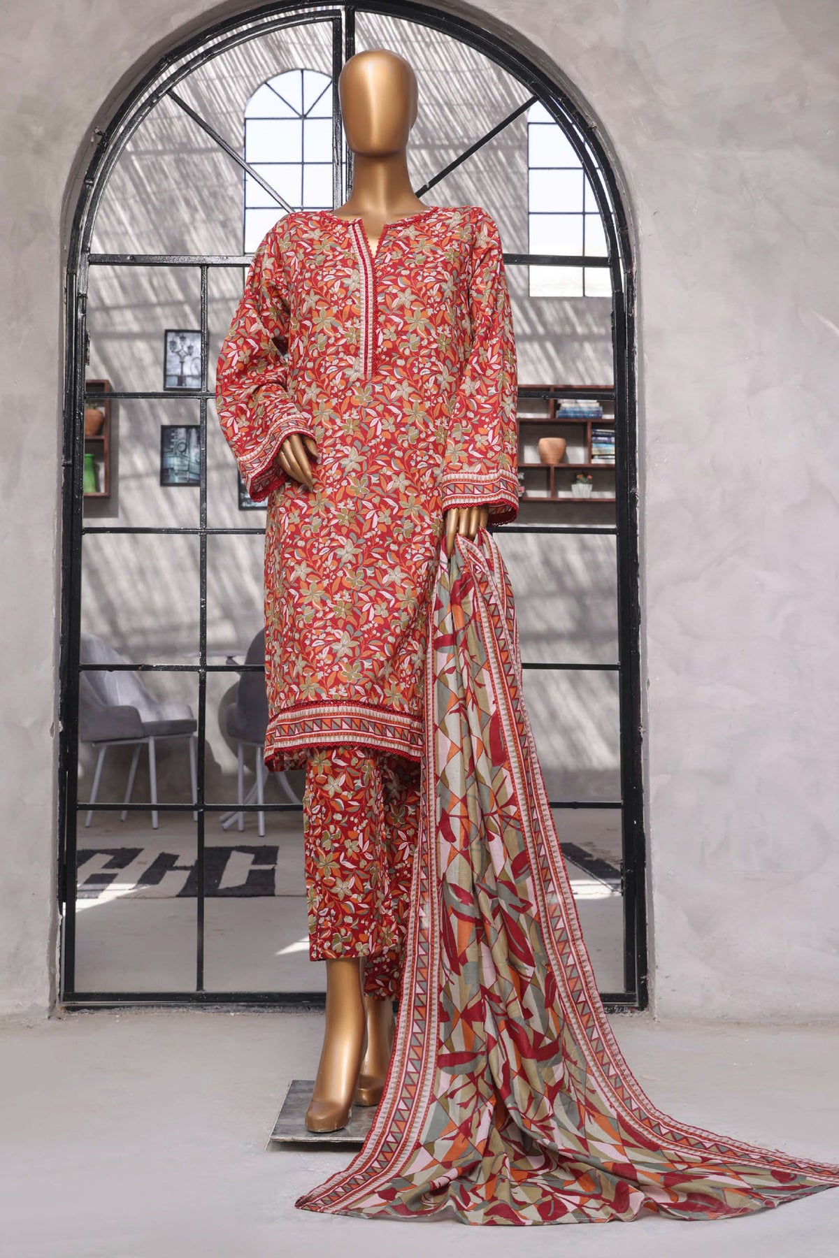 Bin Saeed Stitched 3 Piece Exclusive Printed Lawn Vol-07 Collection'2025-NSM-2200-Maroon