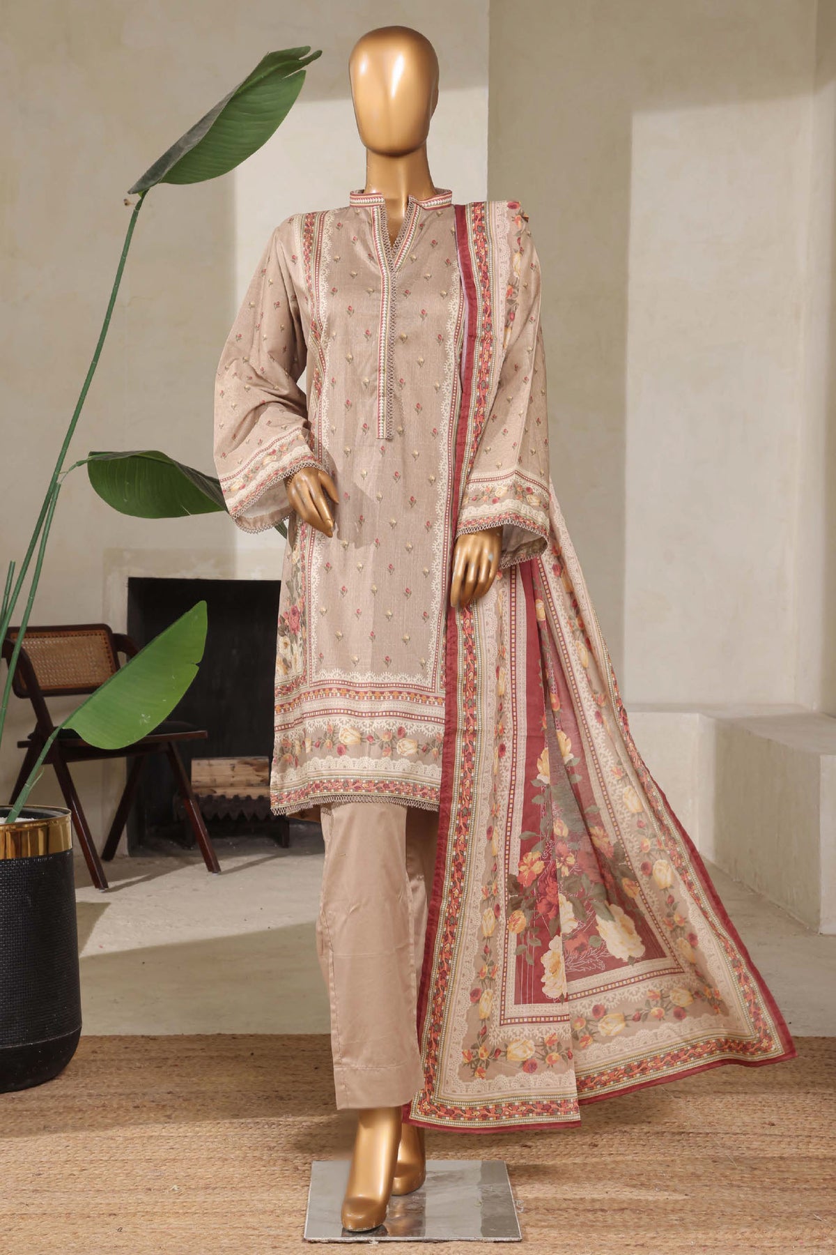 Bin Saeed Stitched 3 Piece Exclusive Printed Lawn Vol-08 Collection'2025-NSM-2219-Beige