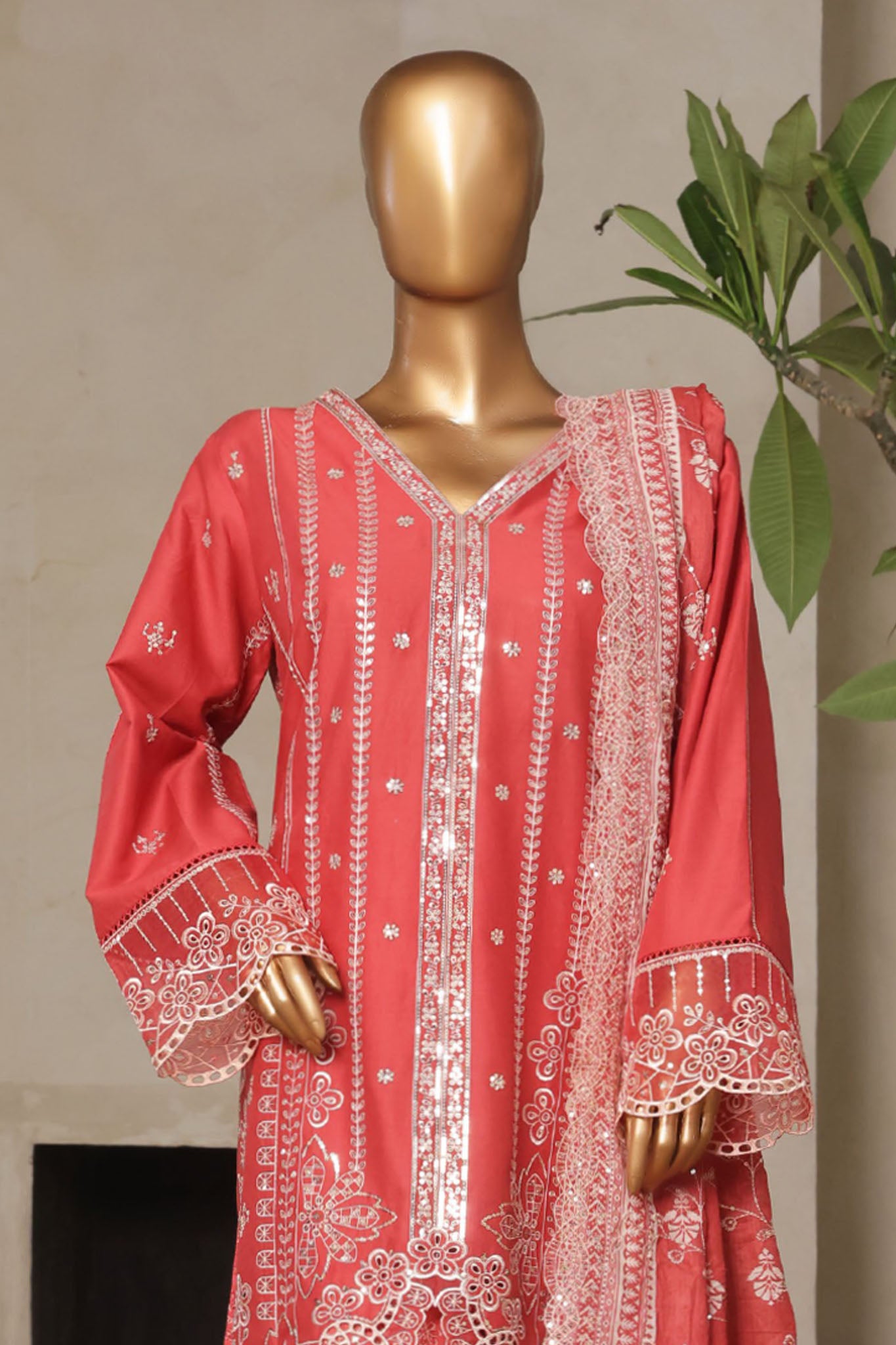 Bin Saeed Stitched 3 Piece Luxury Plain Cotton With Printed Back Vol-02 Collection'2025-NSM-2235-Rust