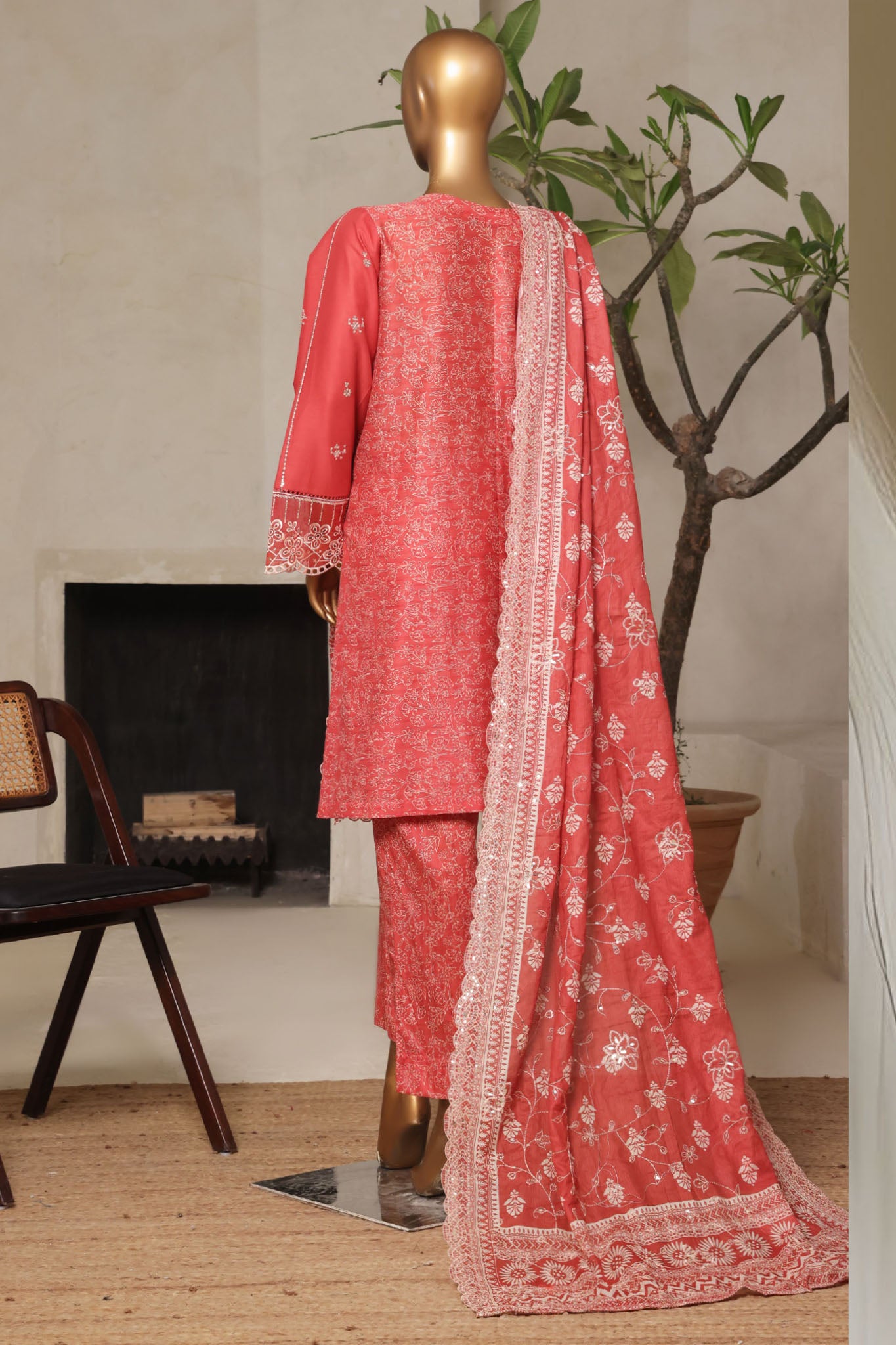 Bin Saeed Stitched 3 Piece Luxury Plain Cotton With Printed Back Vol-02 Collection'2025-NSM-2235-Rust