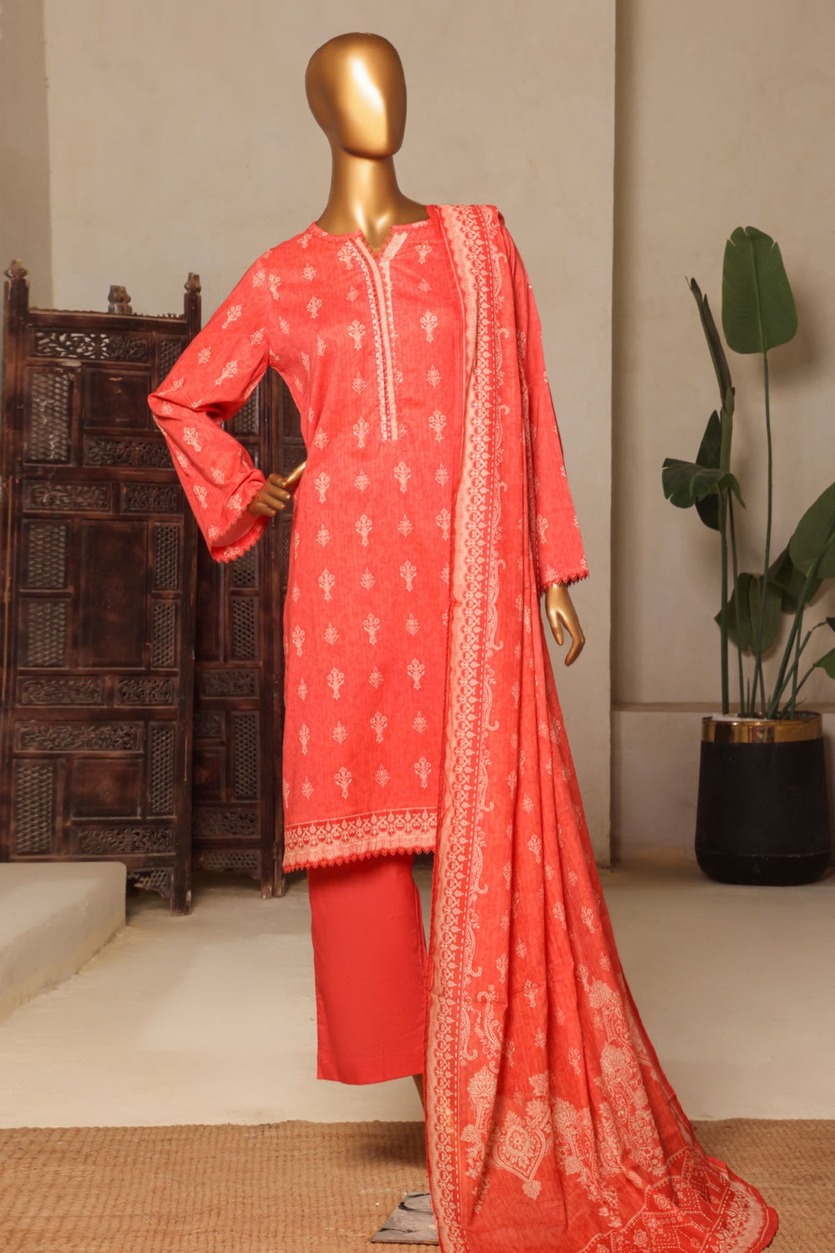 Bin Saeed Stitched 3 Piece Exc Printed Lawn Vol-04 Drop-02 Collection'2025-NSM-2334-Orange