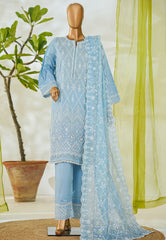 Bin Saeed Stitched 3 Piece Luxury White & White Emb Suit-NSM-2561 S.BLUE
