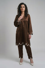 Allechant By Manahils Stitched Formals-Brown Velvet hem set