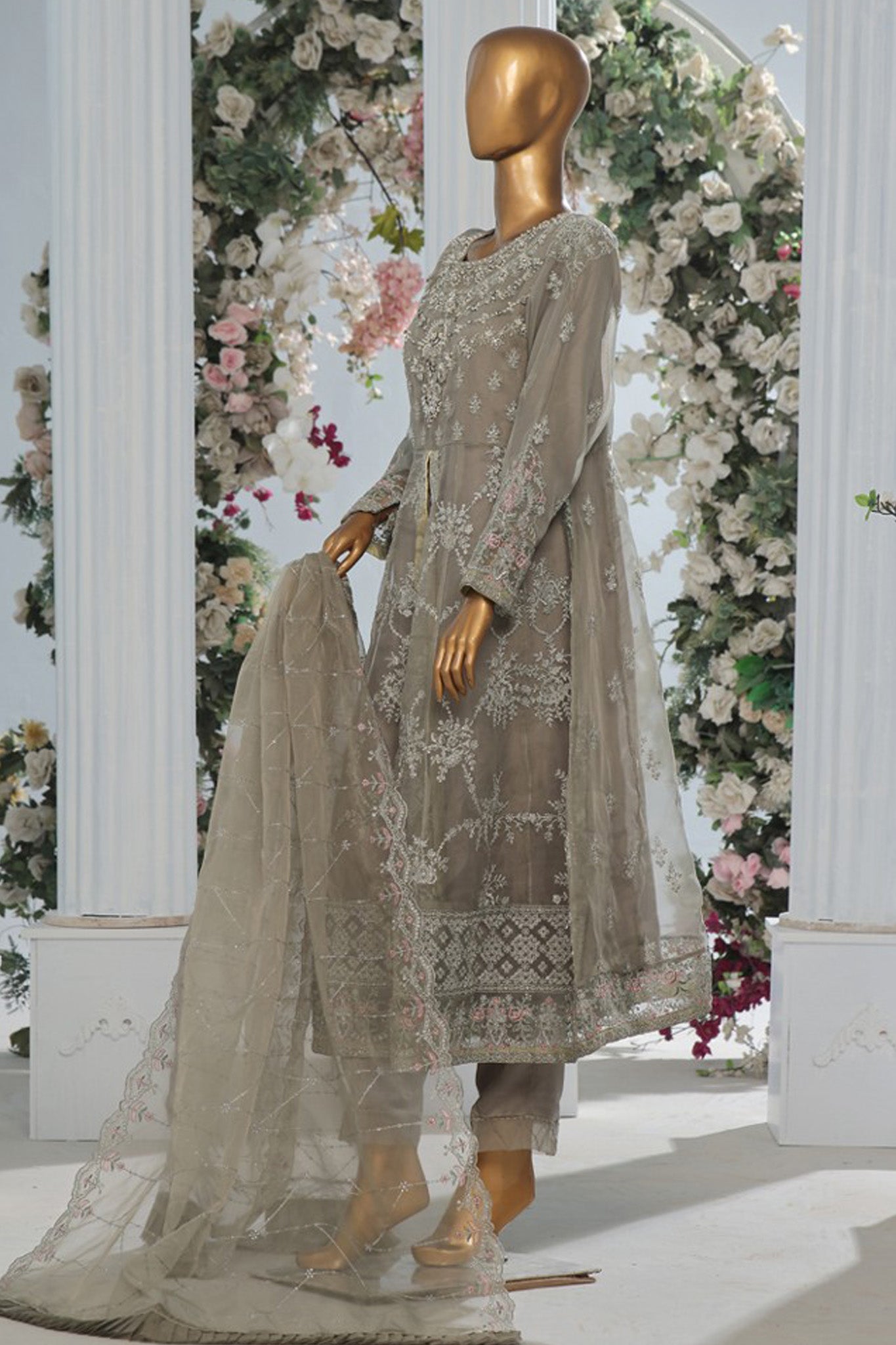 Bin Saeed Stitched 3 Piece Luxury Emb Organza Festive Frock Vol-01 Collection'2024-OWS-1221-Grey