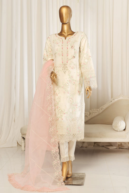 Bin Saeed Stitched 3 Piece Emb Chiffon Collection'2025-OWS-1789-Off White