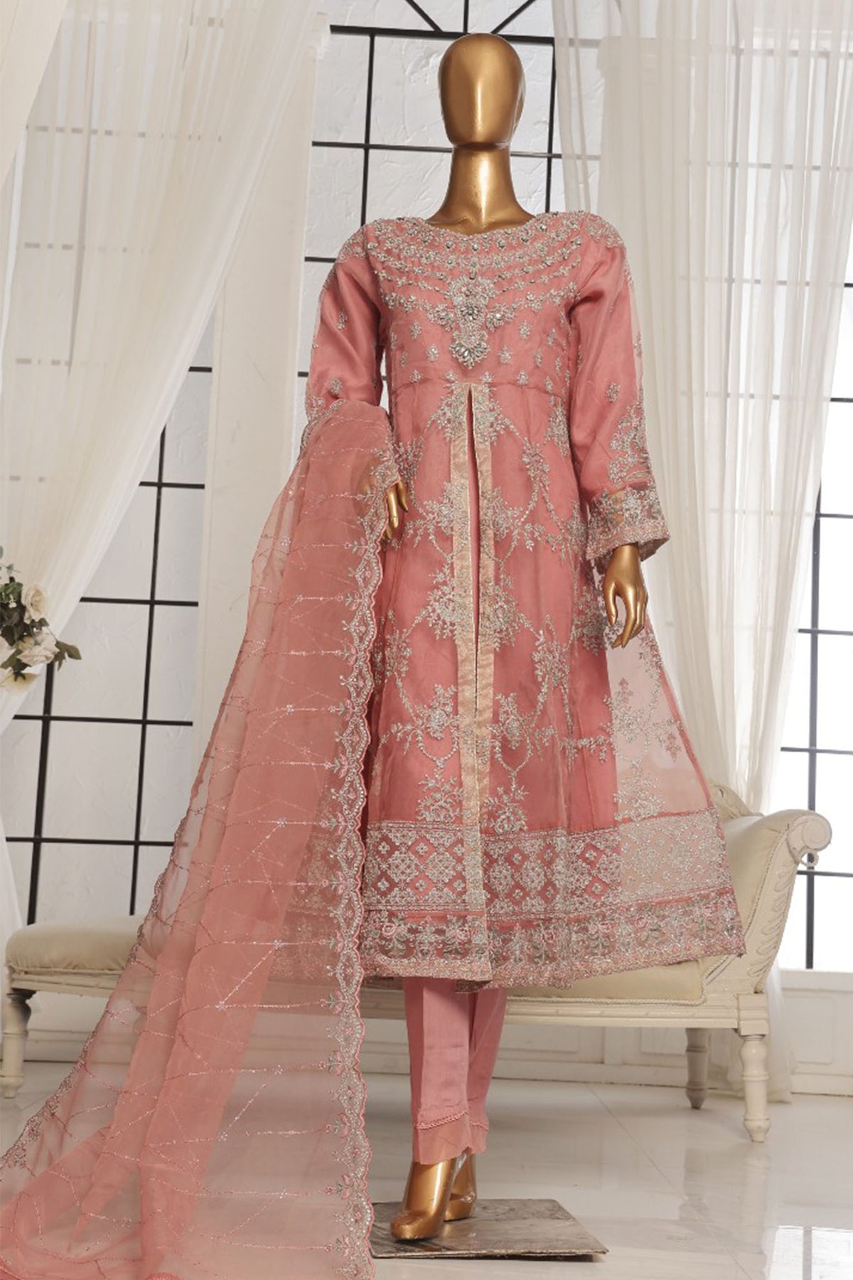 Bin Saeed Stitched 3 Piece Luxury Emb Organza Frock Collection'2025-OWS-1829-Mauve