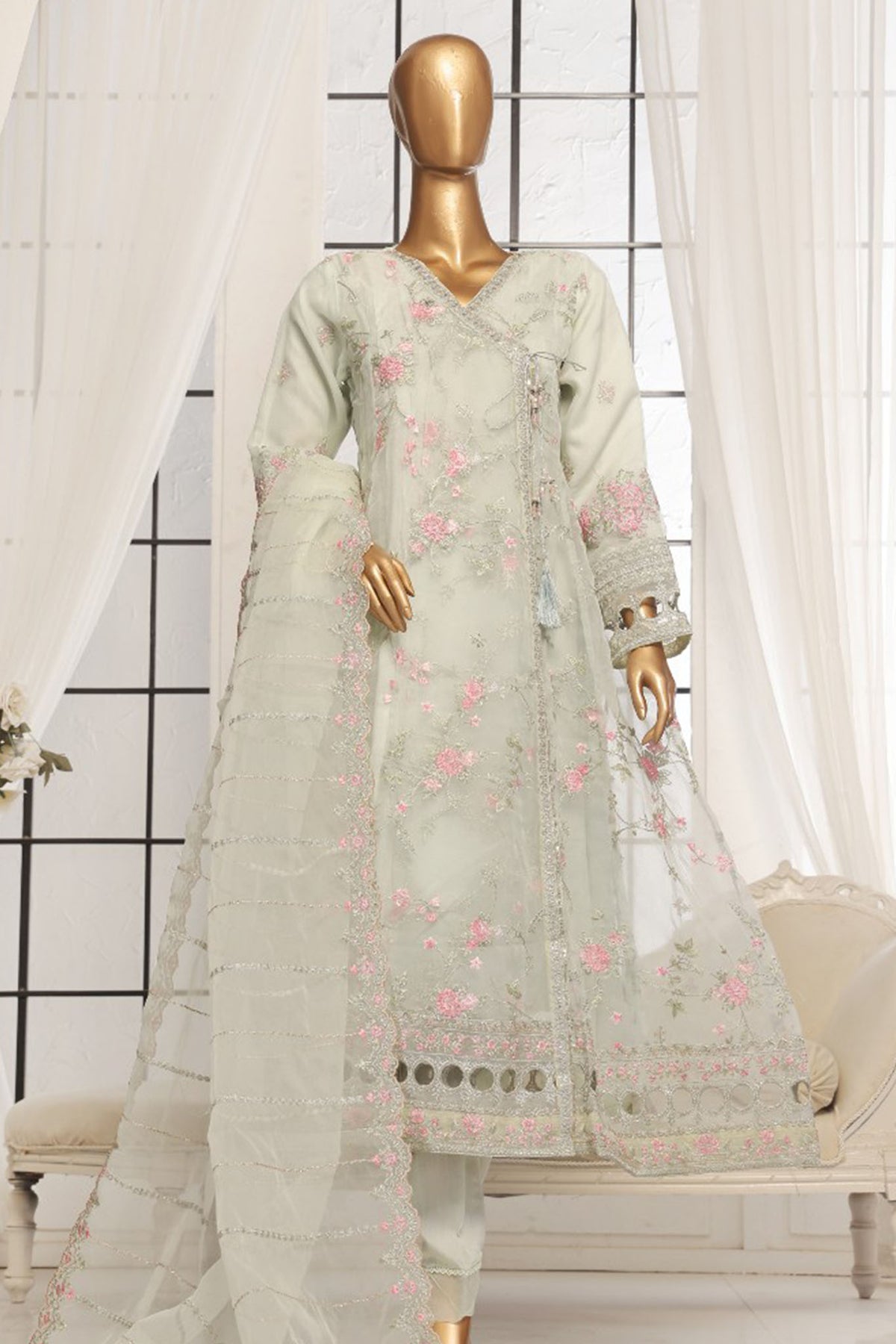 Bin Saeed Stitched 3 Piece Luxury Emb Organza Frock Collection'2025-OWS-1831-Pista