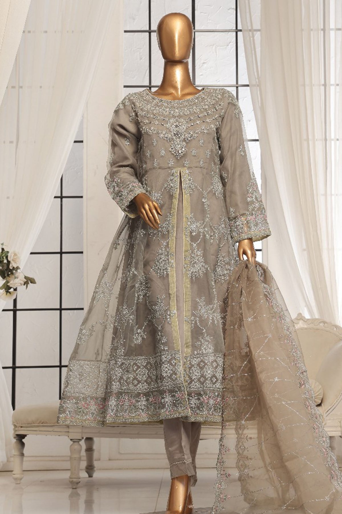 Bin Saeed Stitched 3 Piece Luxury Emb Organza Frock Collection'2025-OWS-1832-Grey