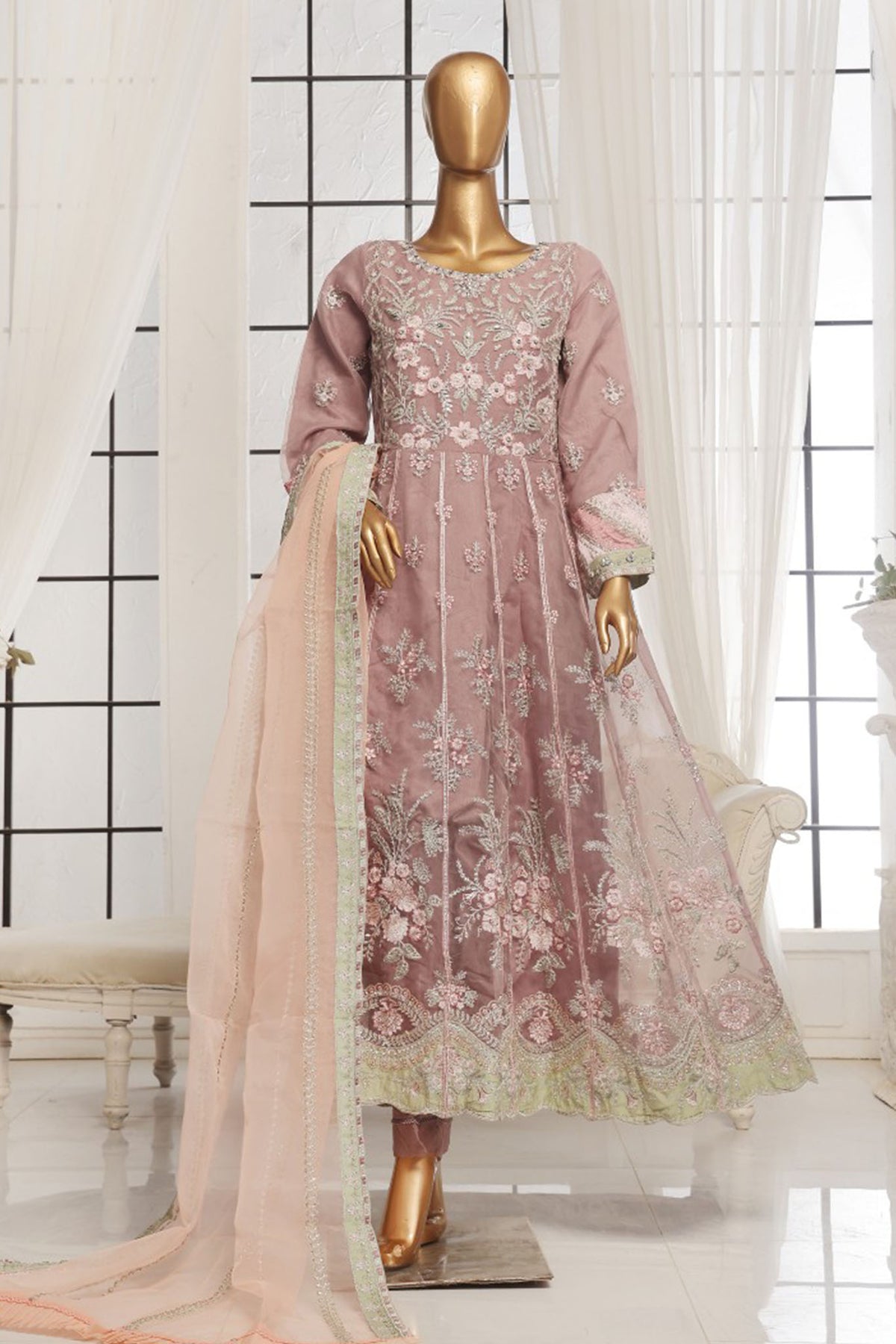 Bin Saeed Stitched 3 Piece Luxury Emb Organza Frock Collection'2025-OWS-1833-T Pink