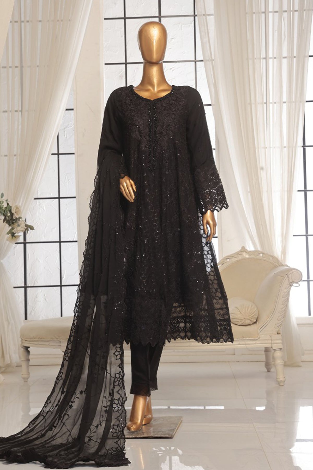 Bin Saeed Stitched 3 Piece Luxury Emb Organza Frock Collection'2025-OWS-1834-Black