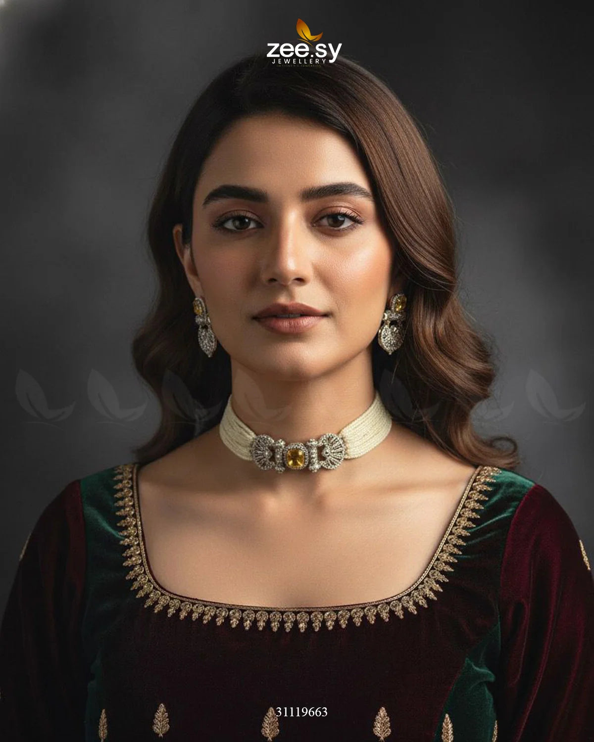 Obelisk Rhodium Polished Choker Set Silver Yellow - Zeesy Jewellery