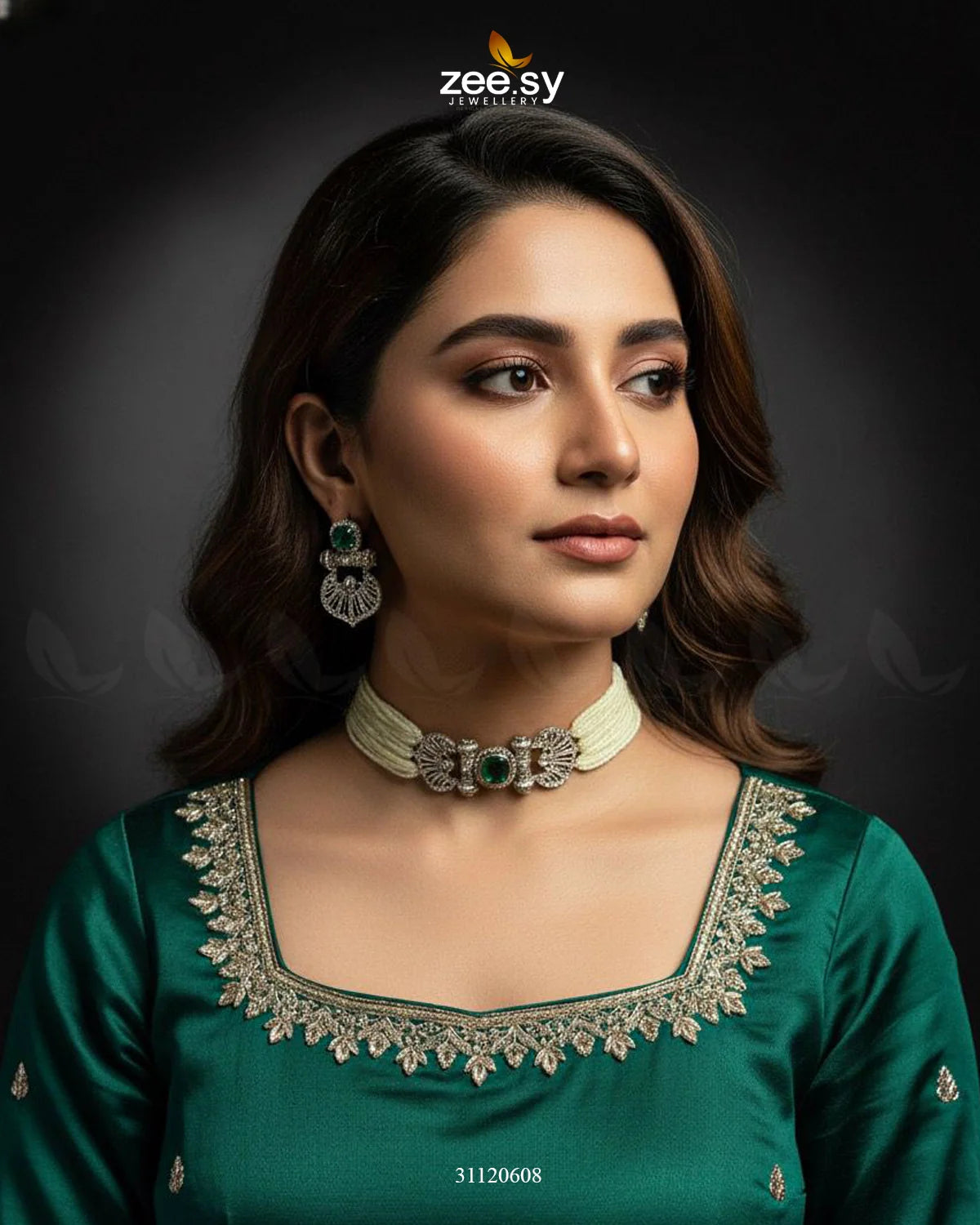 Obelisk Rhodium Polished Choker Set Silver Teal - Zeesy Jewellery
