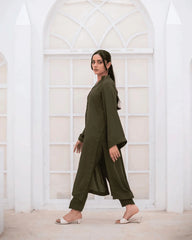 Zauk Stitched Co Ords Solids Set Suit-Olive Green