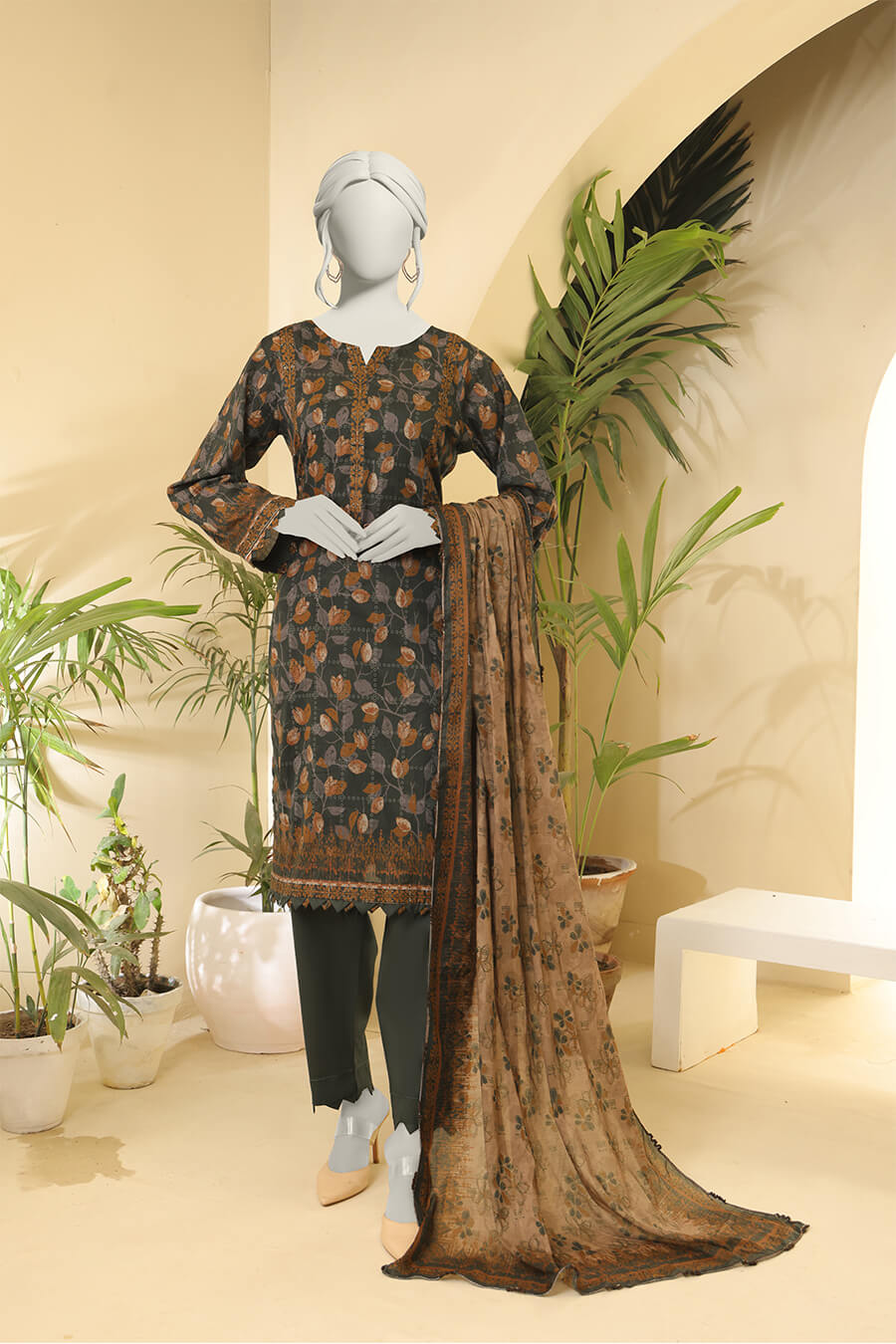 Almeerah Unstitched 3 Piece Floral Lawn Print Collection'2025-Olive Mocha