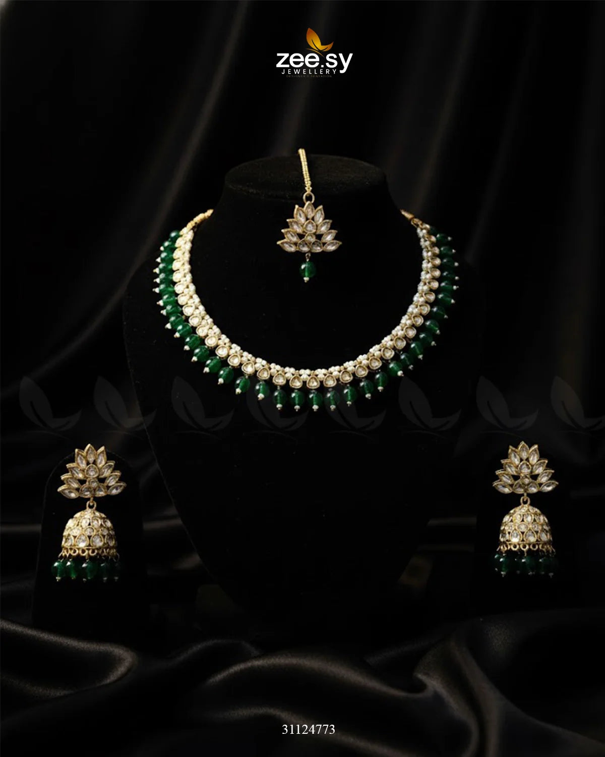 Opulent Tradiitional Necklace Set Golden Green - Zeesy Jewellery