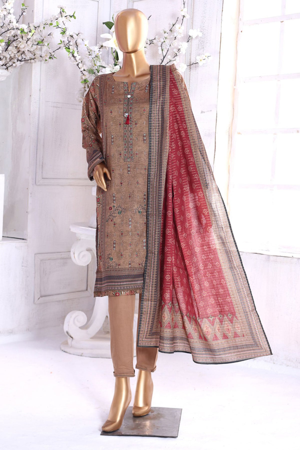 Aashkaar by Hz Stitched 3 Piece Printed & Emb Lawn Vol-01 Collection'2024-PEL-402-A-Brown
