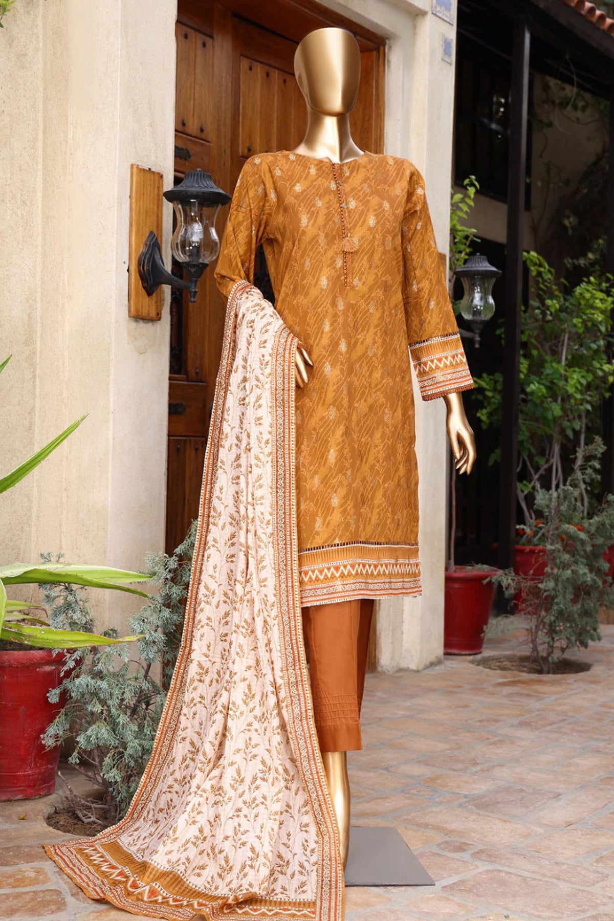 Damask by Hz RTW 3 Piece Jacquard Printed Lawn Collection'2024-PJL-401-Mustard