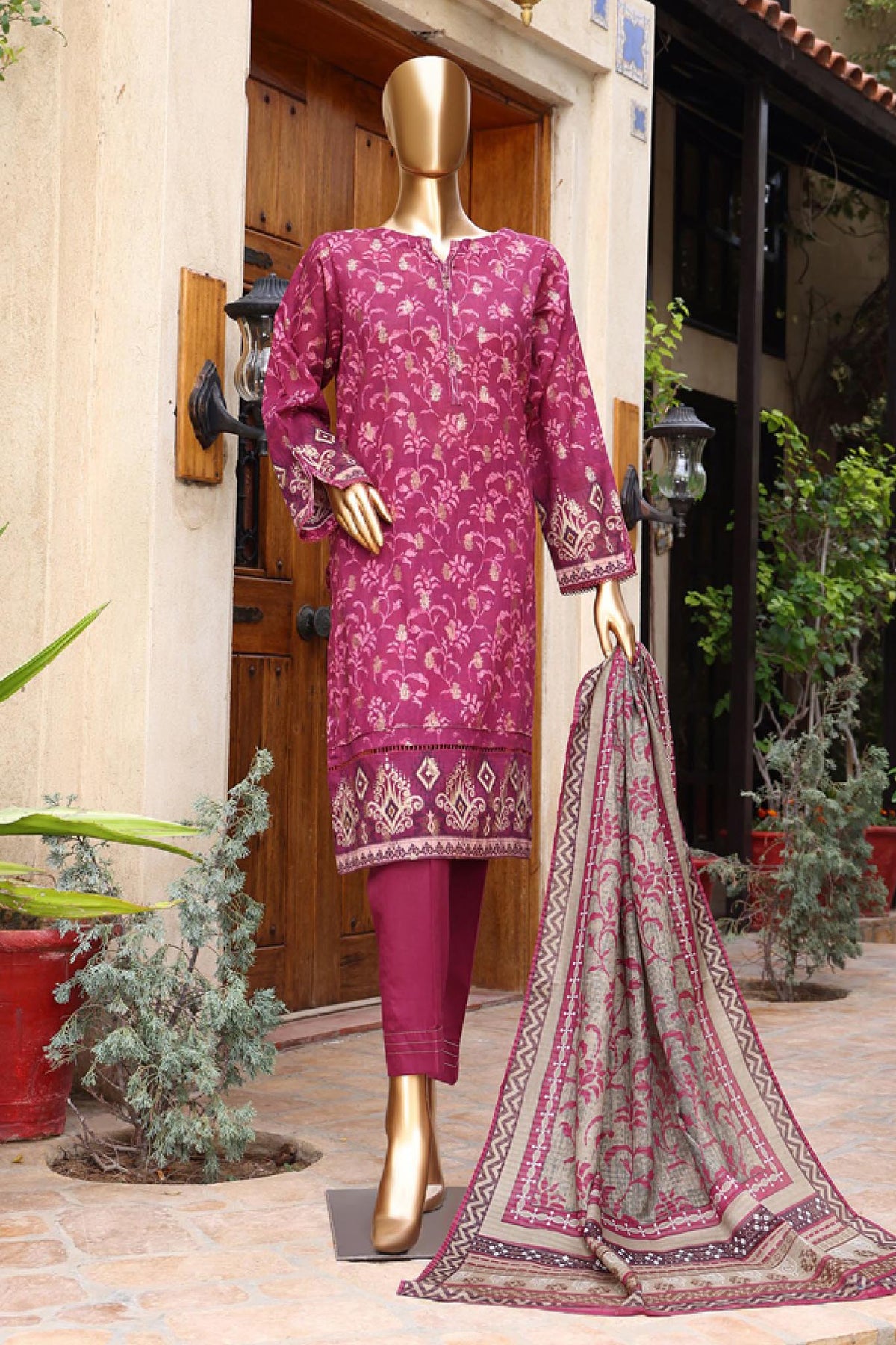 Damask by Hz RTW 3 Piece Jacquard Printed Lawn Collection'2024-PJL-408-Burgundy