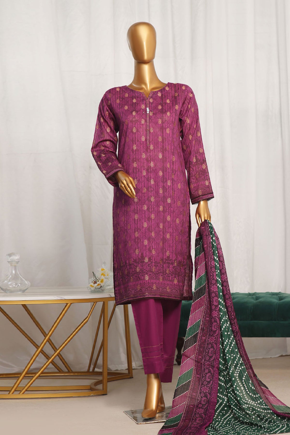 Damask by Hz Stitched 3 Piece Digital Printed Jacquard Collection'2024-PJL-702-Purple