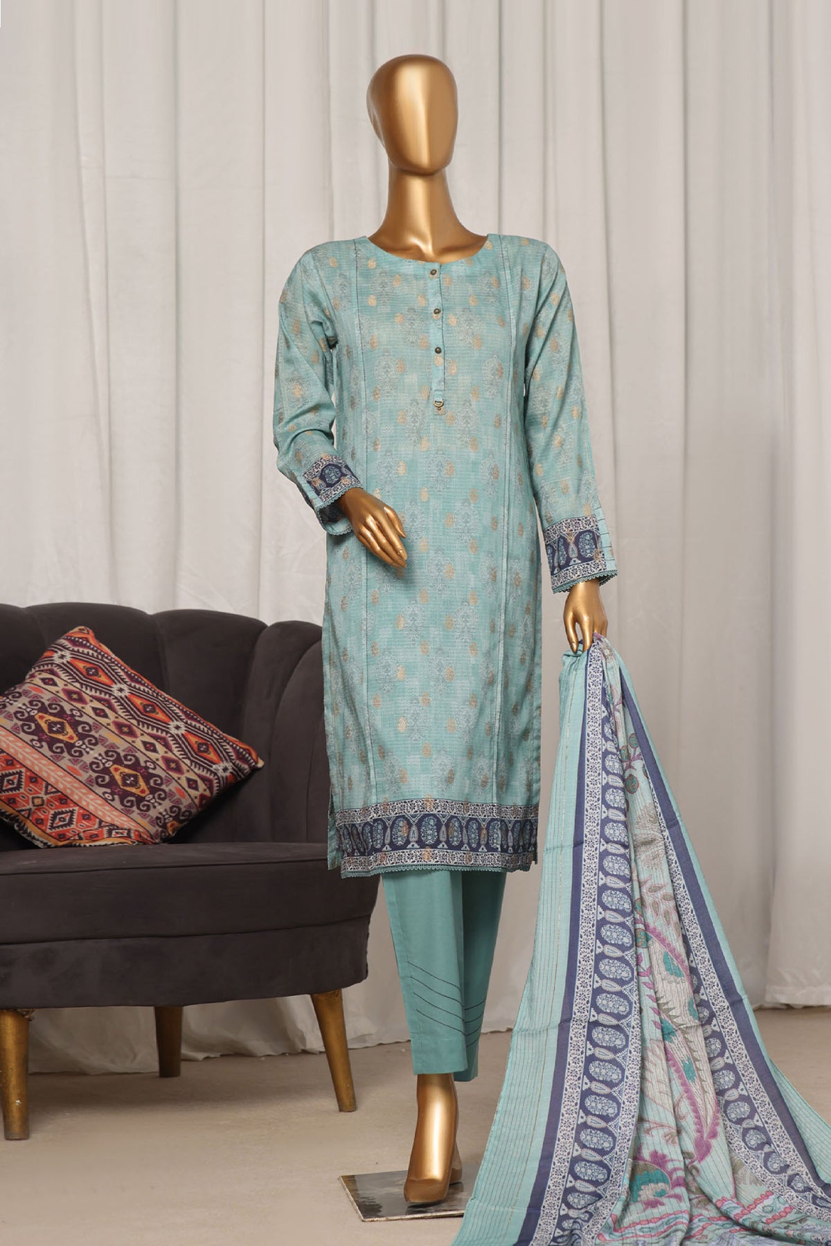 Damask by Hz Stitched 3 Piece Digital Printed Jacquard Collection'2024-PJL-703-Ferozi