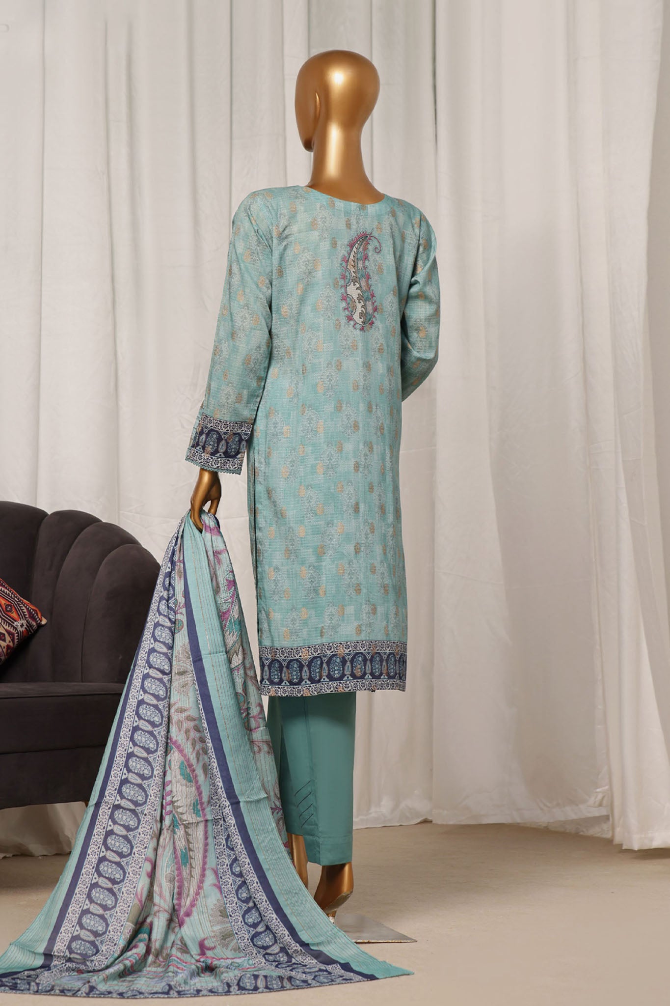 Damask by Hz Stitched 3 Piece Digital Printed Jacquard Collection'2024-PJL-703-Ferozi