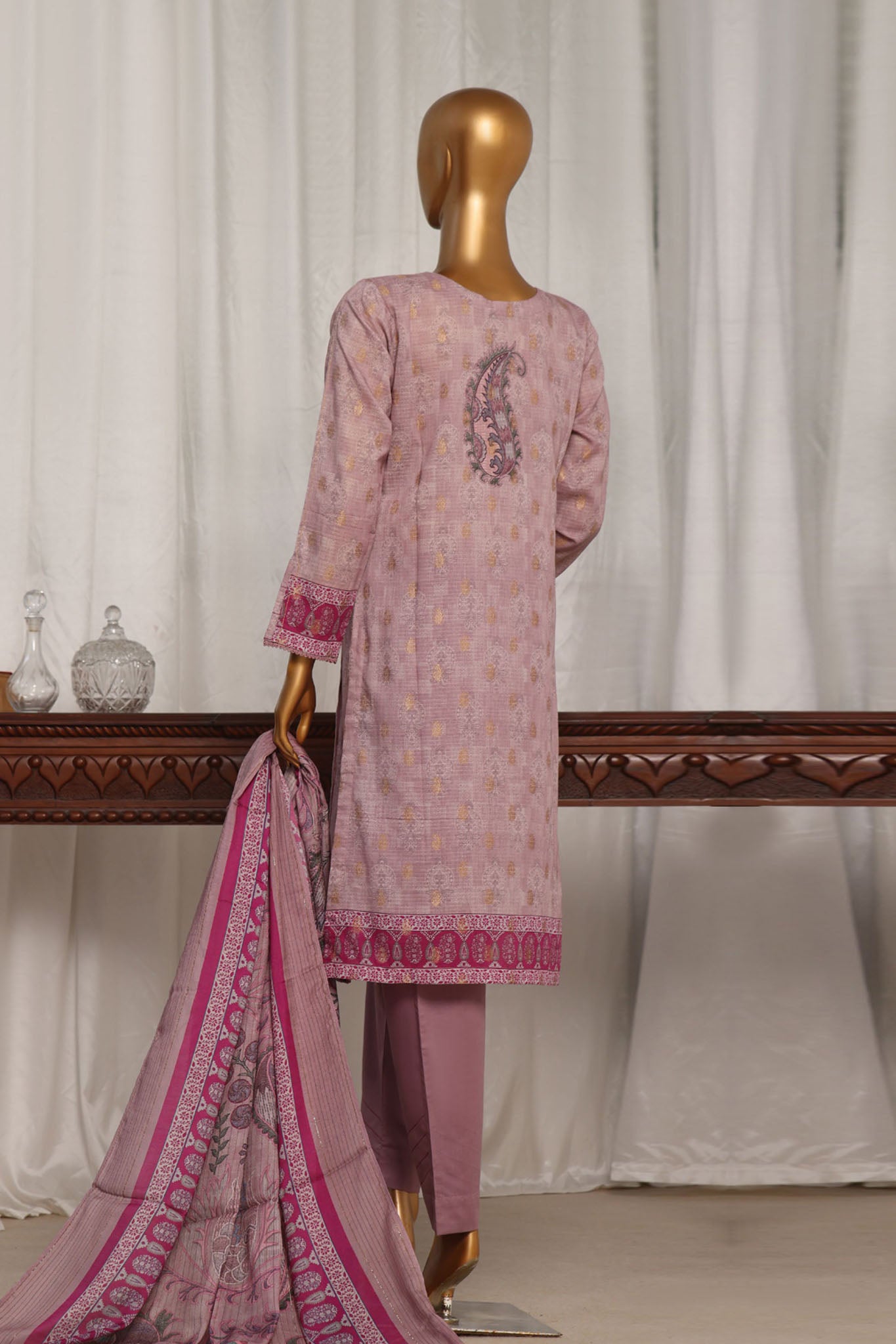 Damask by Hz Stitched 3 Piece Digital Printed Jacquard Collection'2024-PJL-704-Pink