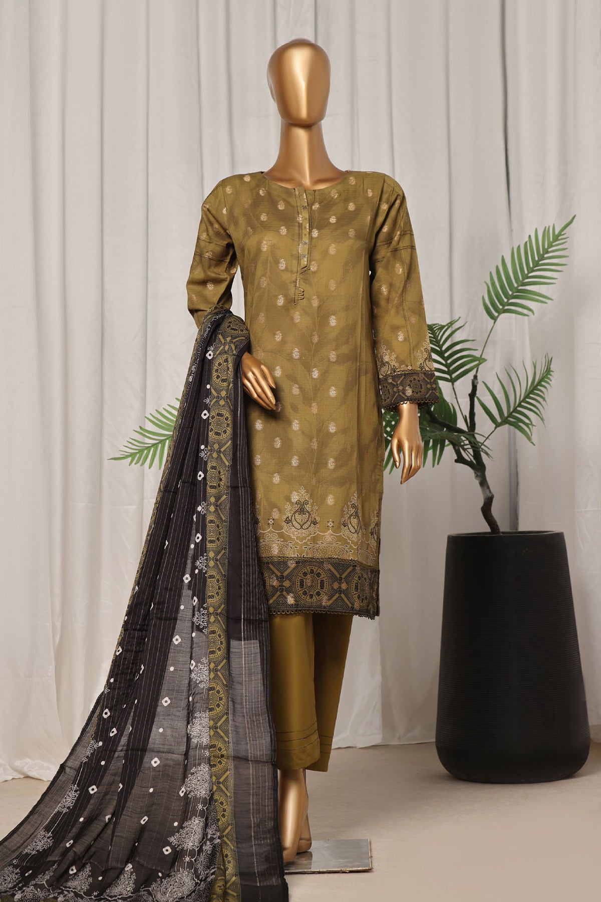 Damask by Hz Stitched 3 Piece Digital Printed Jacquard Collection'2024-PJL-706-Olive