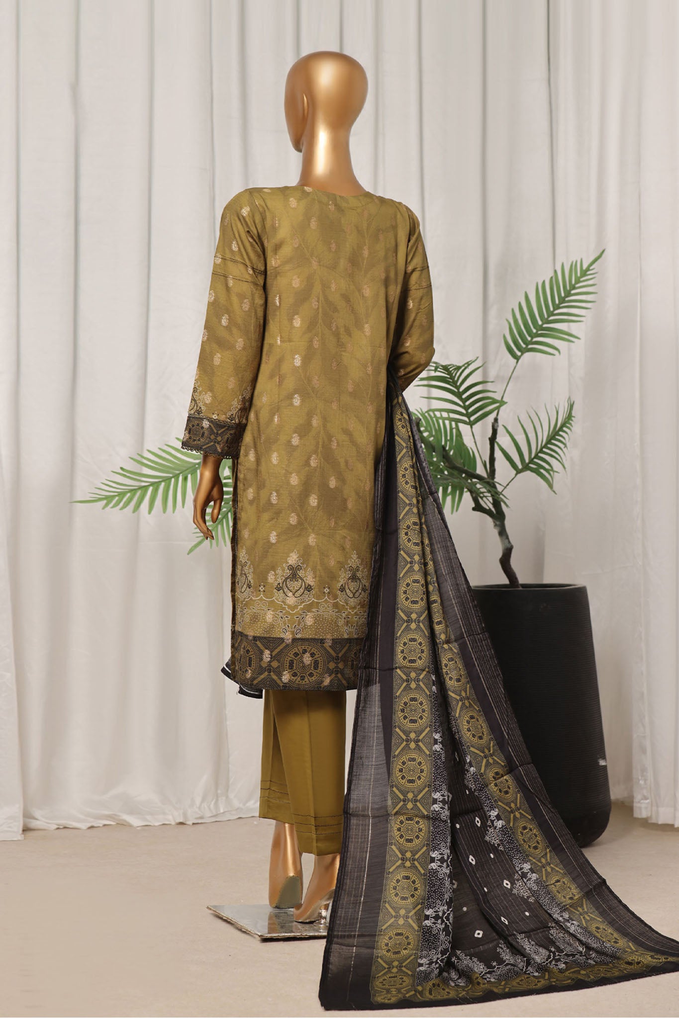 Damask by Hz Stitched 3 Piece Digital Printed Jacquard Collection'2024-PJL-706-Olive