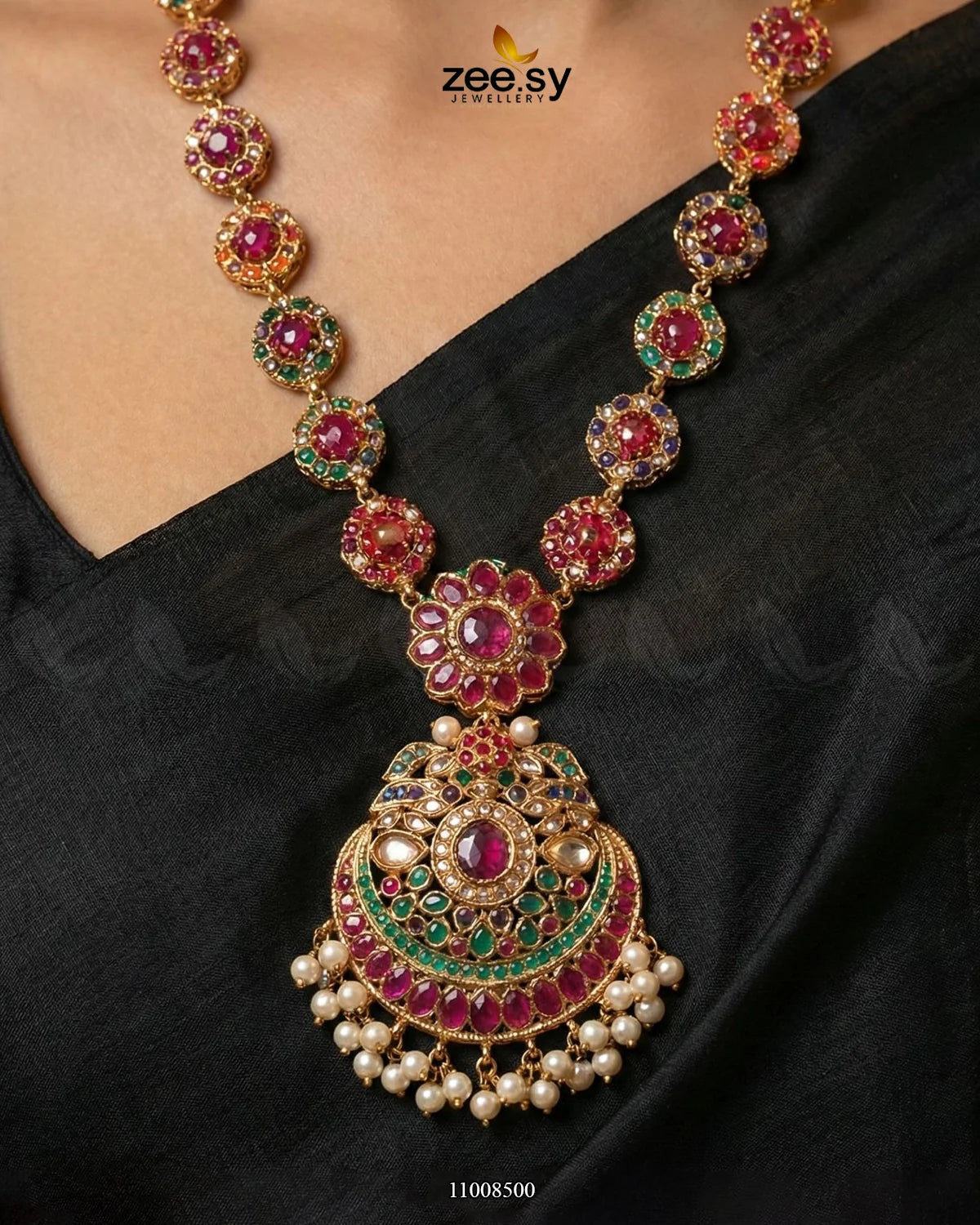 Multi-Toned Floral Malla Necklace Set - Zeesy Jewellery