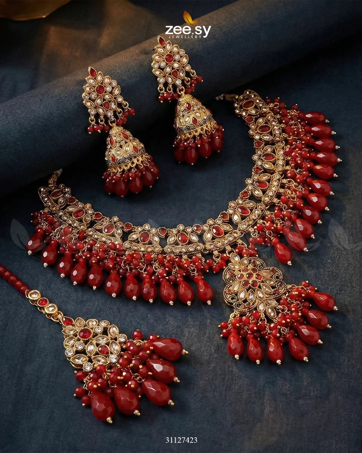 Shahi Qatra CutStone Bridal Set Red - Zeesy Jewellery