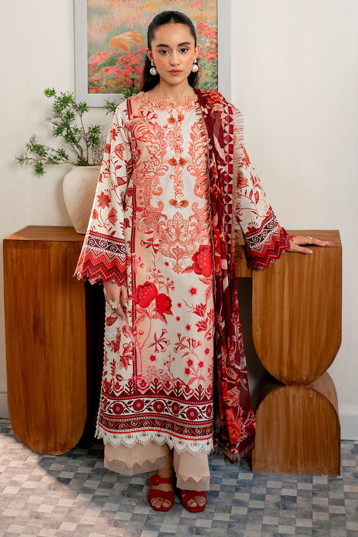 Selene By Roheenaz Unstitched 3 Piece Printed Cambric Fall Collection'2024-RNP-03-A-Russet