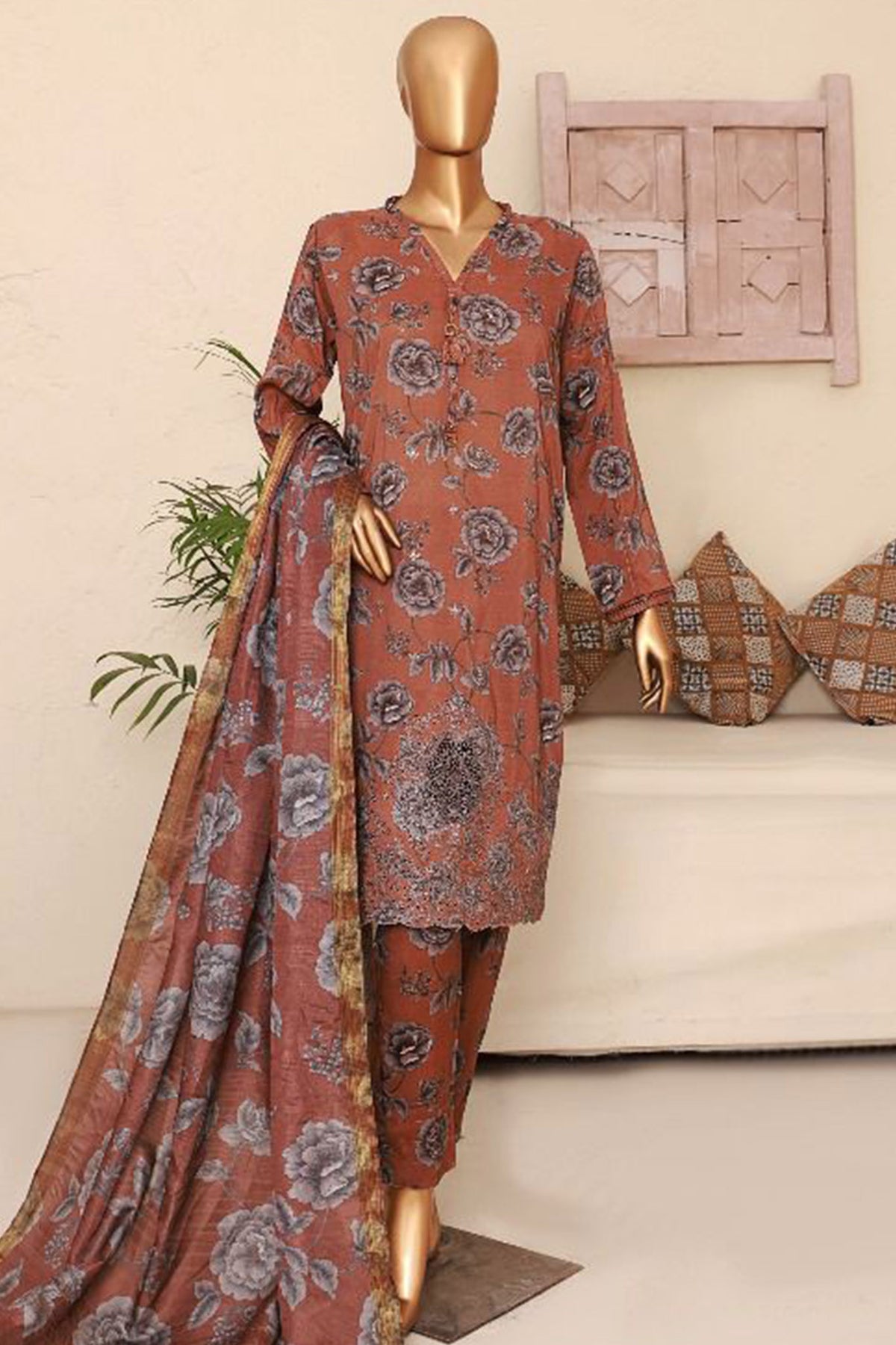 Florence By HZ Stitched 3 Piece Printed & Emb Raw Silk Collection'2024-RRE-05