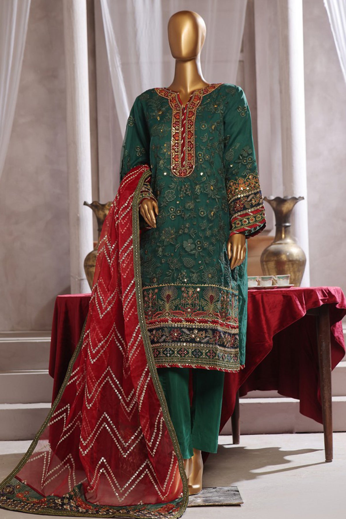 Bin Saeed Stitched 3 Piece Exclusive Luxury Formals Collection'2024-RTS-1157-Dark Green