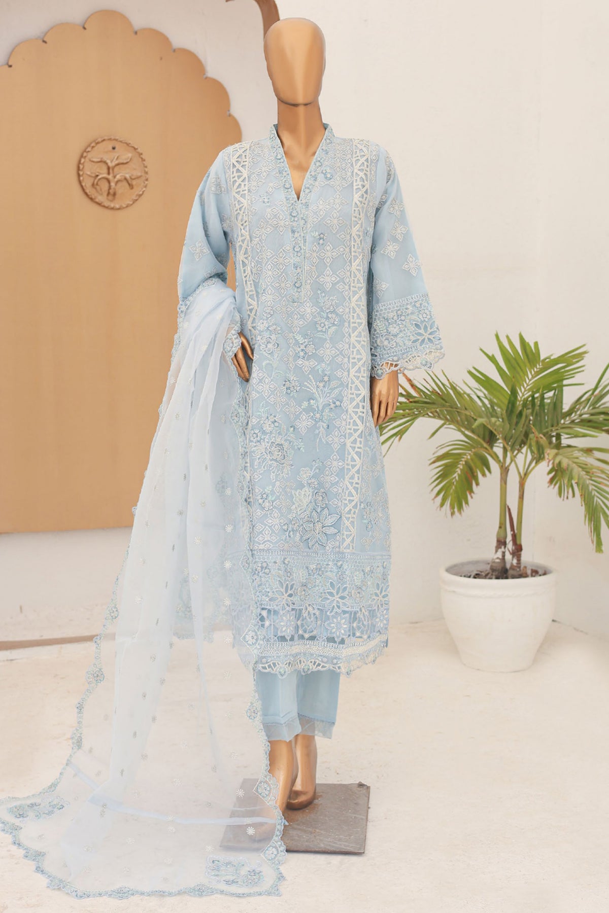 Bin Saeed Stitched 3 Piece Fancy Emb Formals Collection'2024-RTS-922-Sky Blue