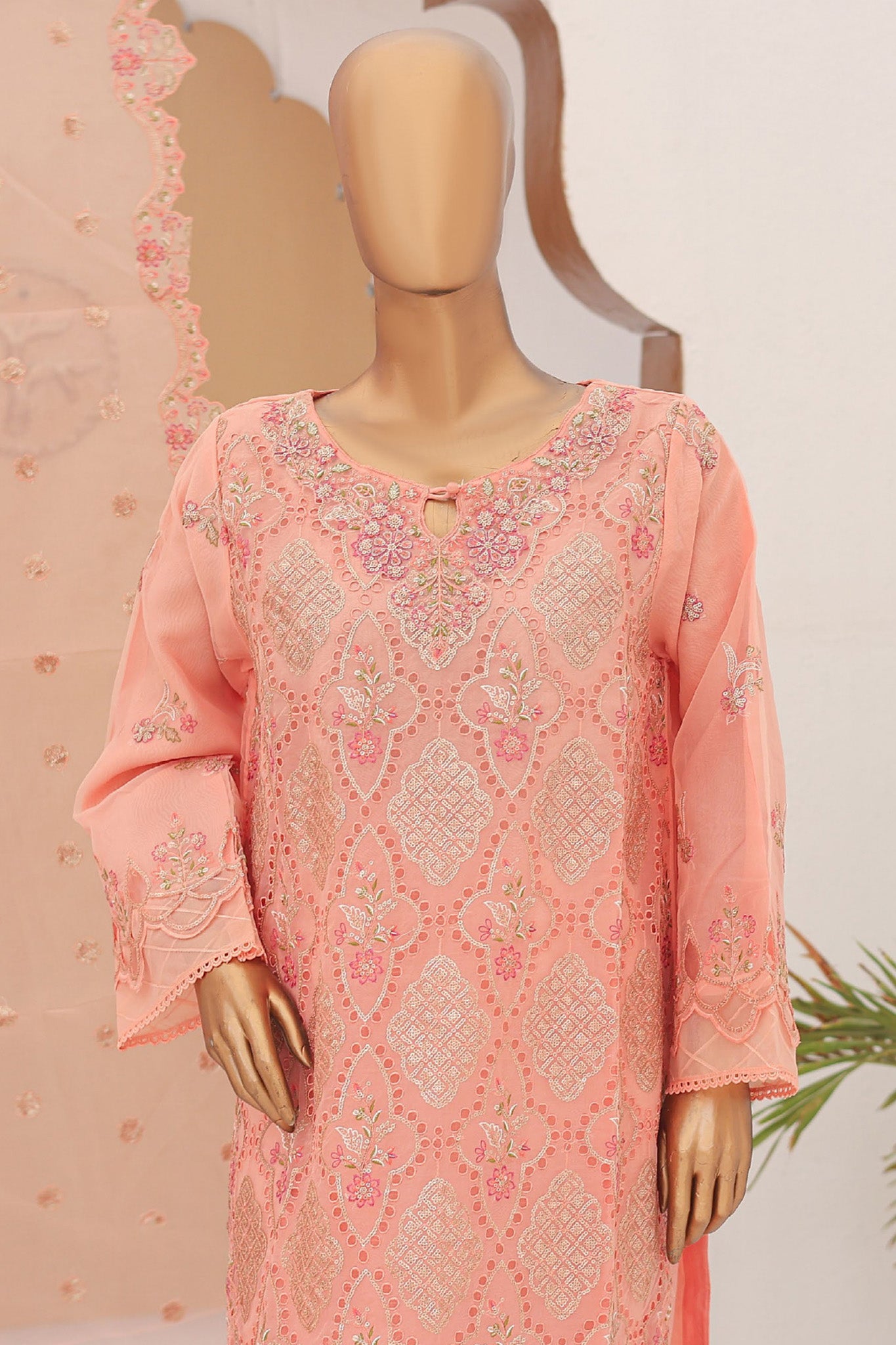 Bin Saeed Stitched 3 Piece Fancy Emb Formals Collection'2024-RTS-923-Peach