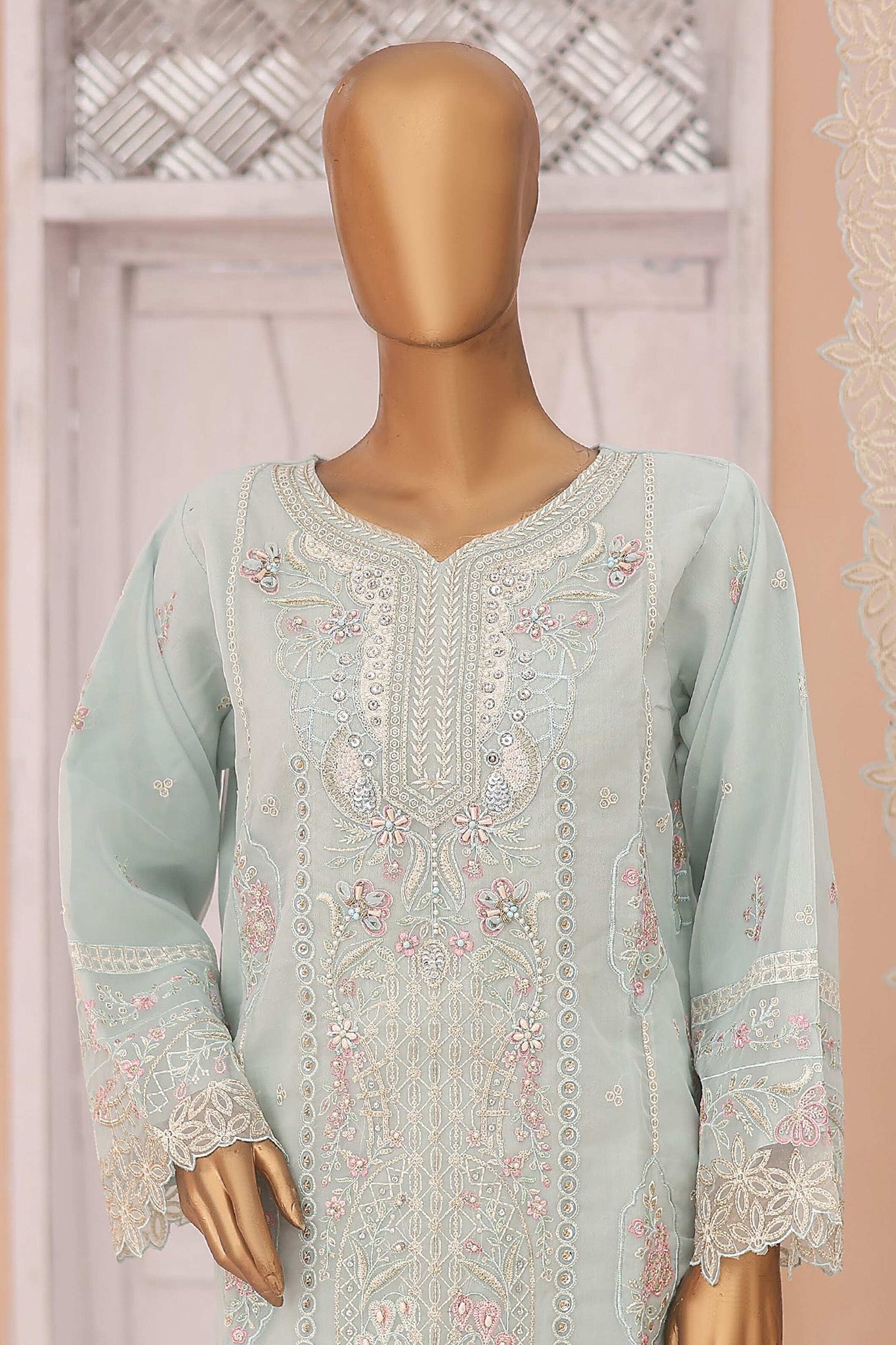 Gira By Bin Saeed Stitched 3 Piece Luxury Emb Chiffon Collection'2024-RTS-979-Sky Blue