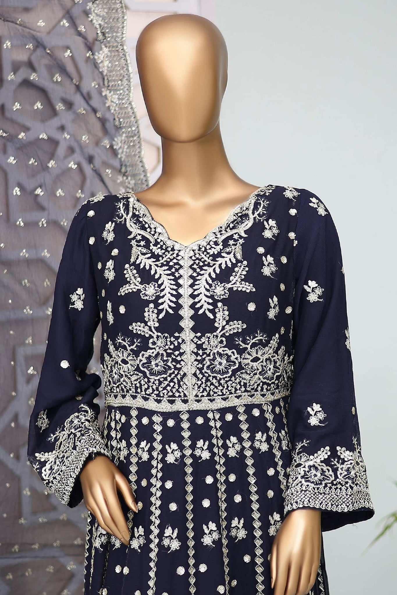 Shazlin By Bin Saeed Stitched 3 Piece Emb Chiffon Frocks Collection'2024-RTSC-992-Navy Blue