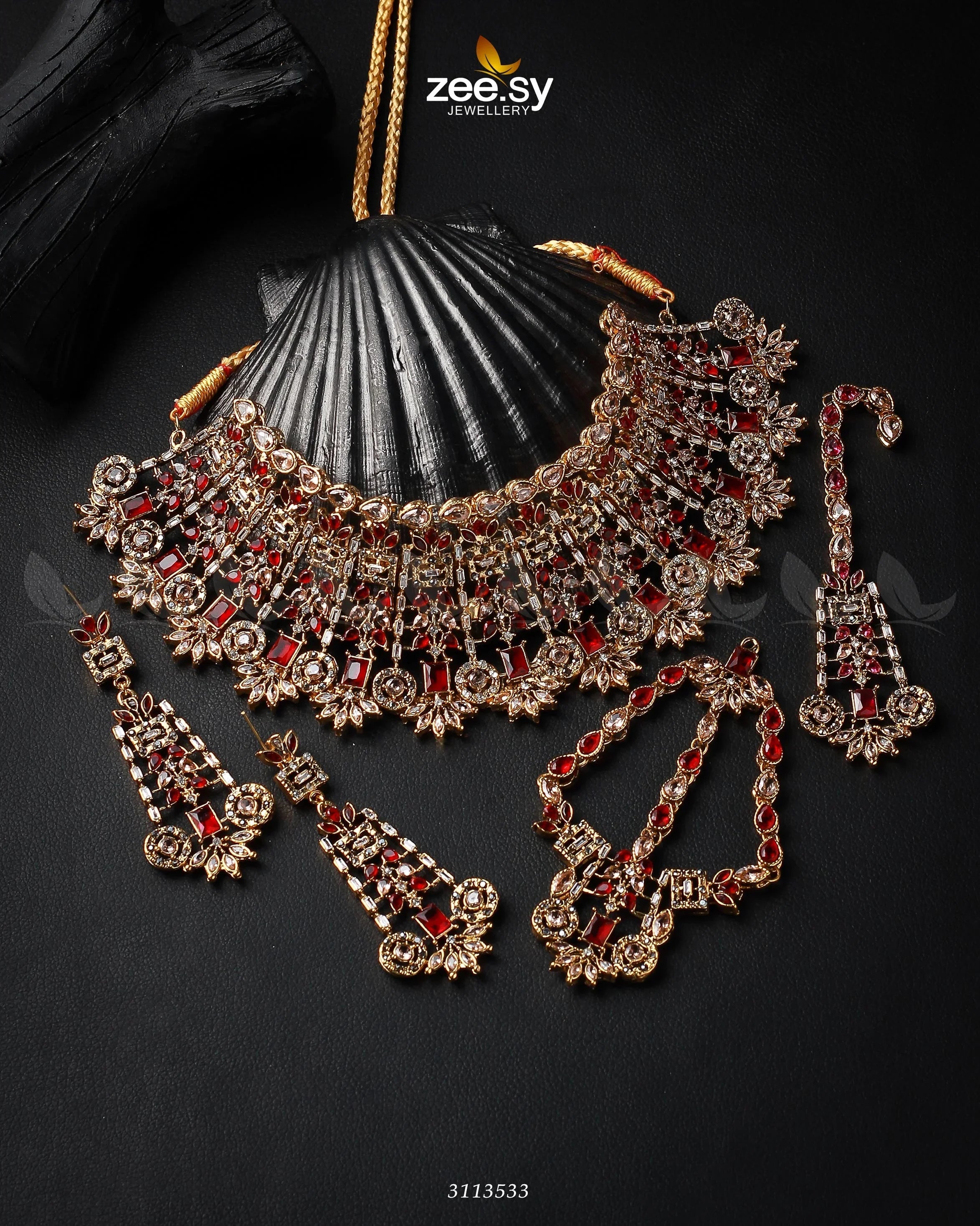 Resham Bridal Set Golden Red - Zeesy Jewellery