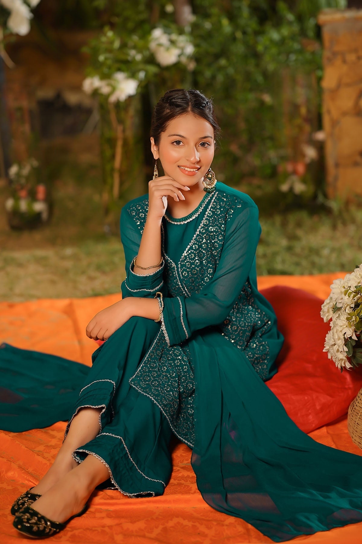 Ochre Clothing Girls Full Suits Chiffon Embroidered 3 Pc Suit